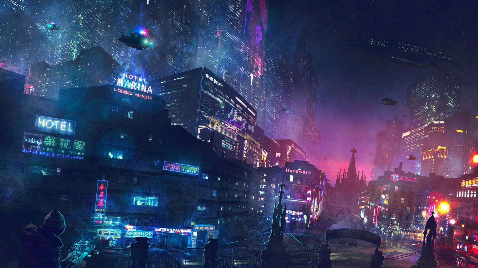 Cyberpunk-Stadt, Neonreklame, Hotel, Nacht, Digital Art, Full-HD-Hintergrundbild für PC