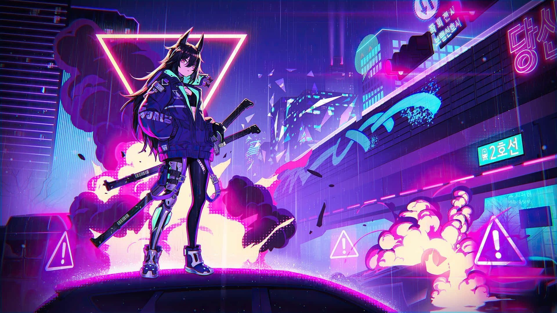 Cyberpunk, Anime-Mädchen, Neon-Dreieck, Rauch, Lila, 16:9, Full-HD-Hintergrundbild für den Desktop