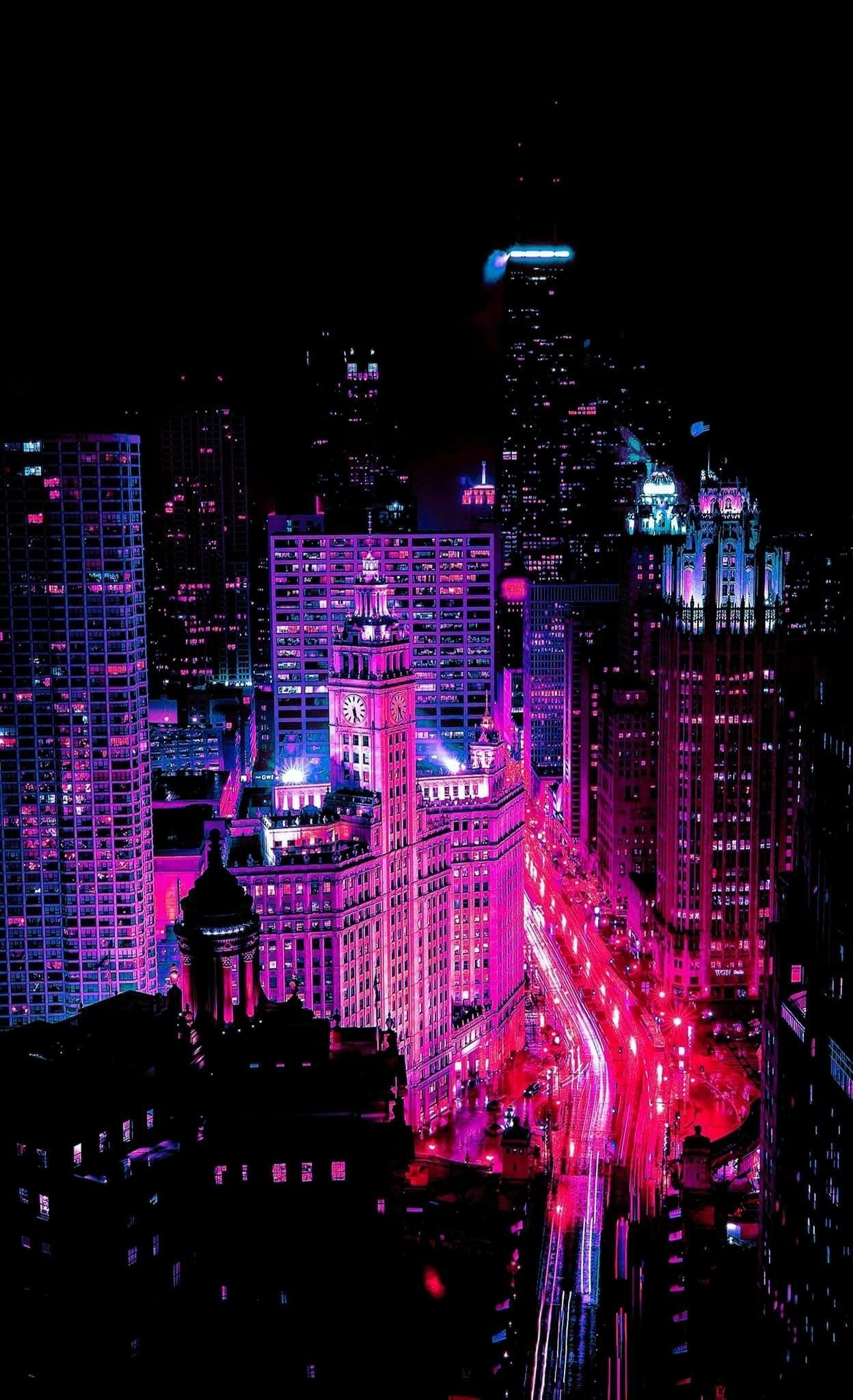 Neonstadt, Wolkenkratzer, Nacht, Pink, Dunkel, Hintergrundbild für iPhone und Android