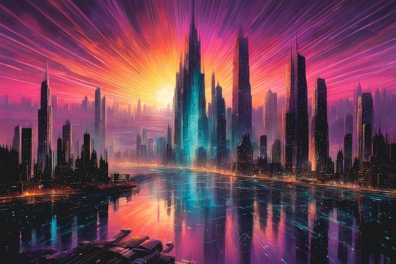 Futuristische Stadt, Sonnenuntergang, Wolkenkratzer, Spiegelung, Bunte Farben, HD-Desktop-Hintergrund