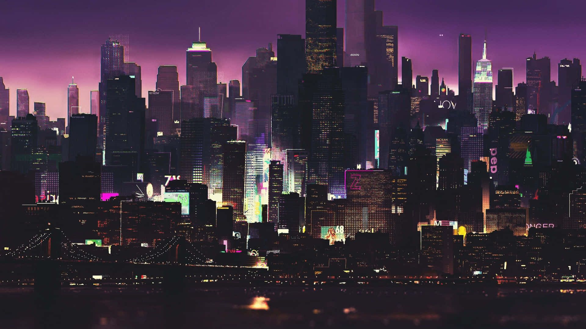 Skyline, Nacht, Stadtlichter, Wolkenkratzer, Lila Himmel, Full HD, Desktop-Hintergrund