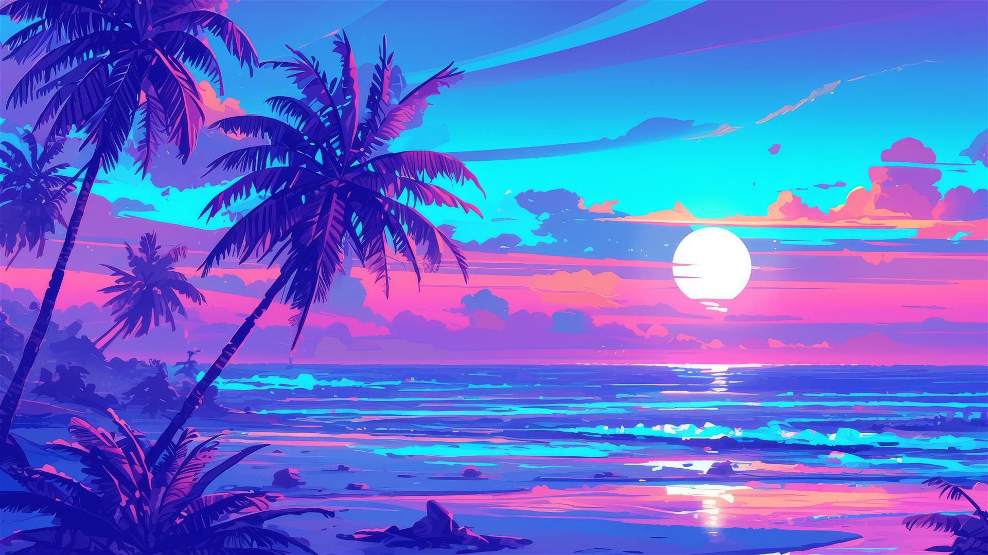 Palmen, Strand, Vollmond, Synthwave, Meer, Full HD 1080p, Desktop-Hintergrundbild