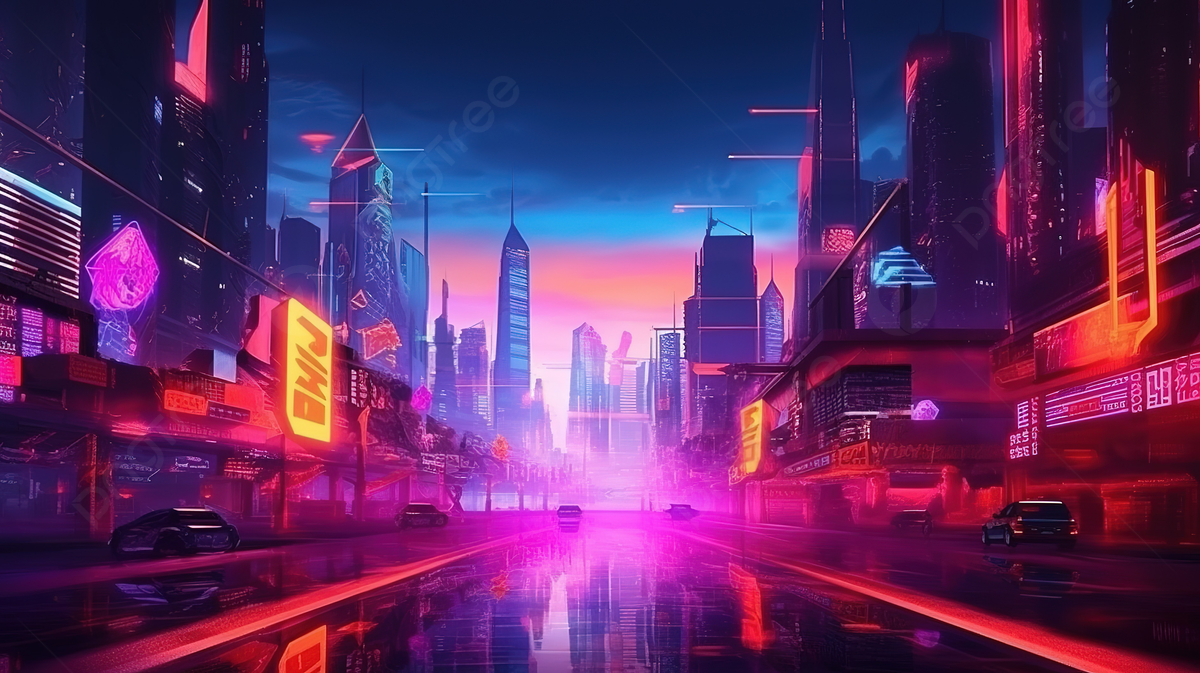 Neonstadt, Straße, Cyberpunk, Pink, Sonnenuntergang, Hintergrundbild