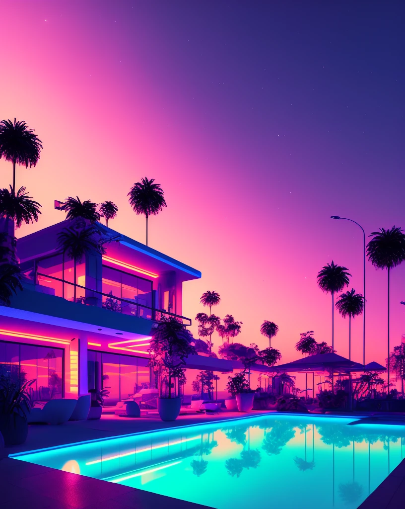 Villa, Pool, Palmen, Synthwave, Pink Himmel, HD, Hintergrundbild fürs Tablet