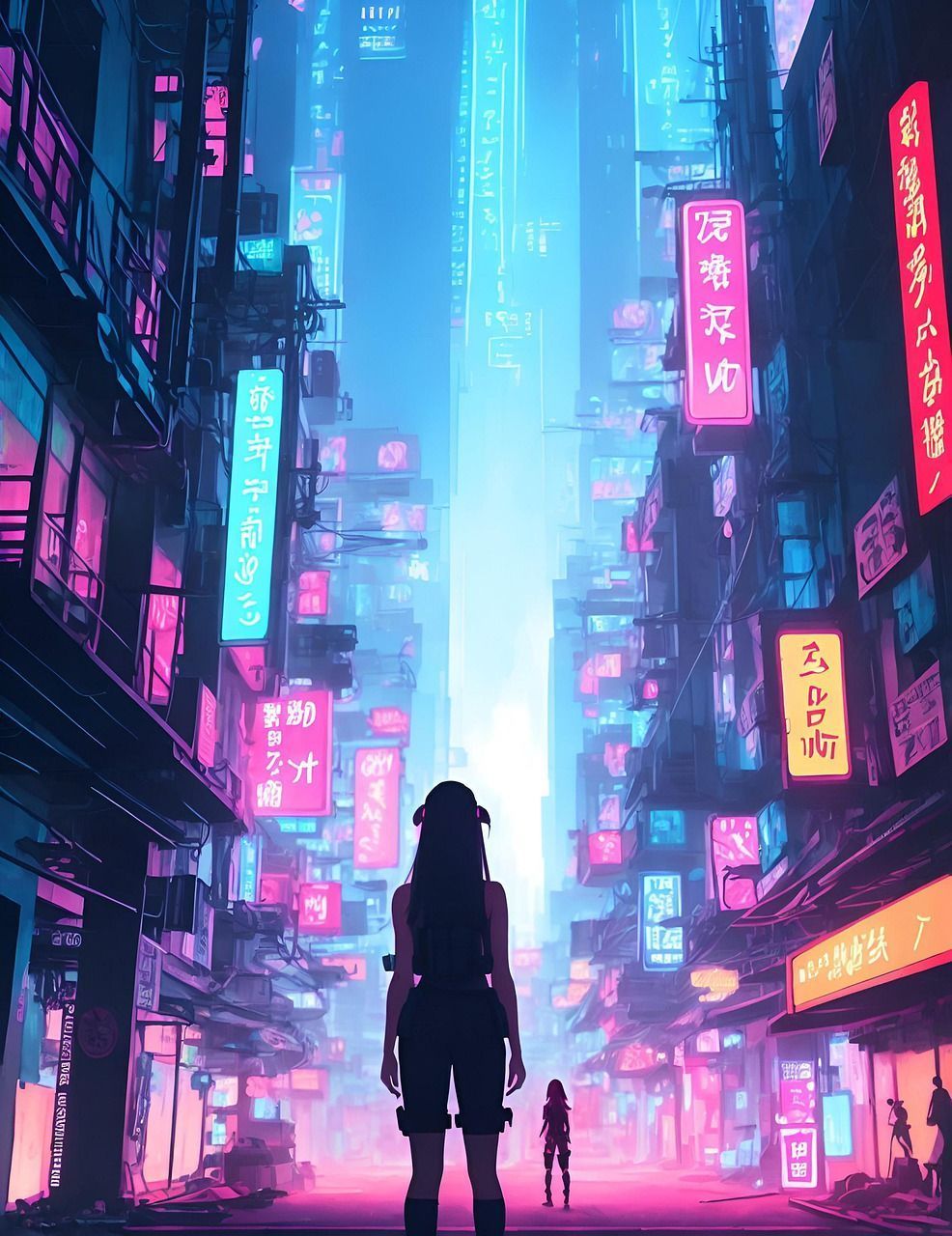 Cyberpunk, Neonstadt, Gasse, Leuchtreklame, Silhouette, HD, iPad-Hintergrundbild