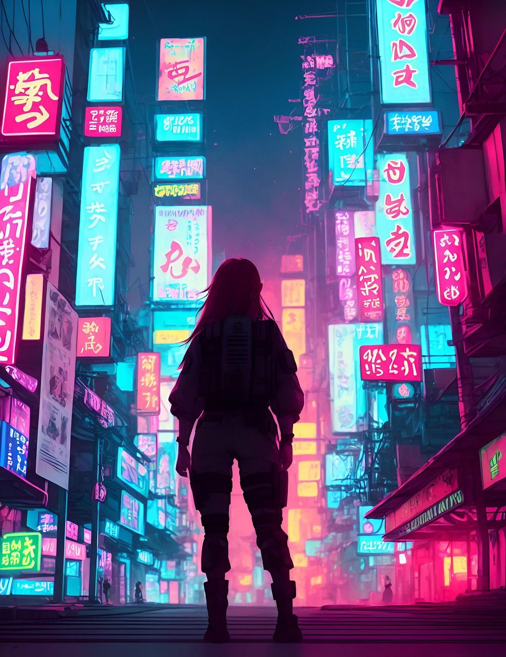 Cyberpunk, Neonschilder, Silhouette, Pink, Straße, HD, iPad-Hintergrundbild