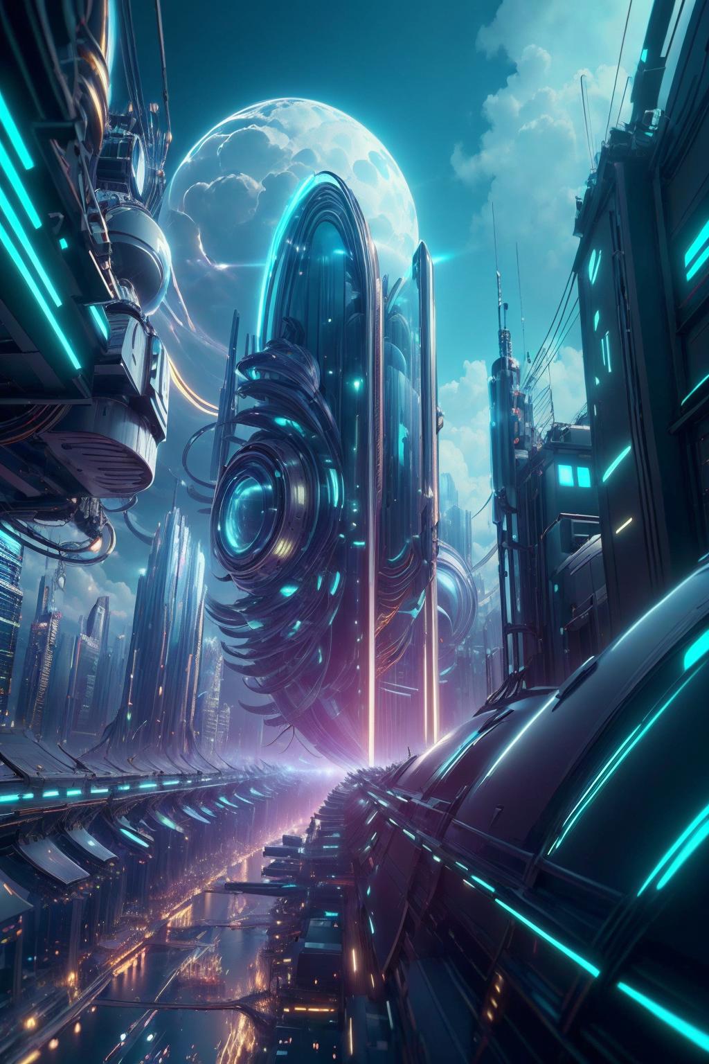 Sci-Fi-Stadt, Neonlicht, Türkis, Futuristische Architektur, Nacht, HD, Handy-Hintergrundbild