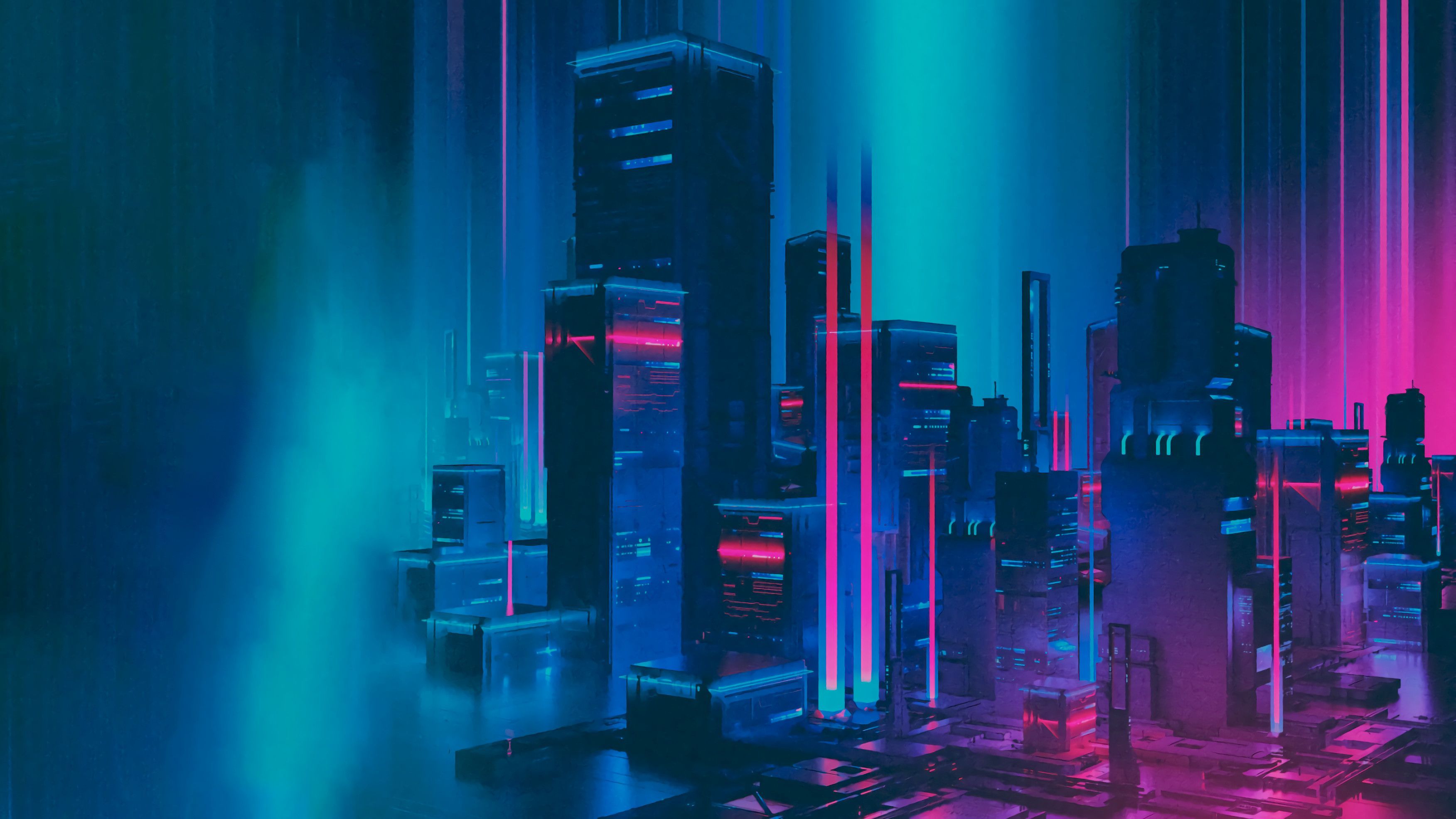 Abstrakte Stadt, Türkis, Pink, Neonlicht, Digital Art, 2K, Desktop-Hintergrund für Windows