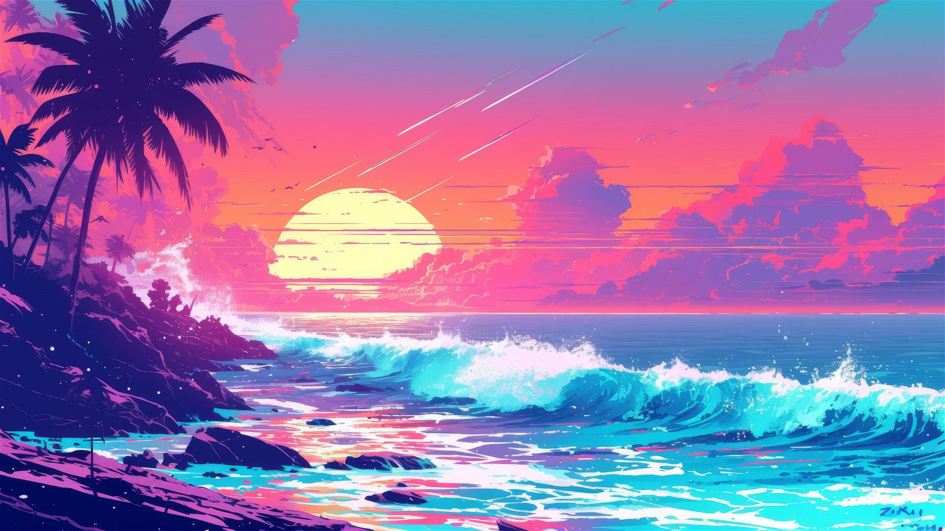 Synthwave, Meer, Wellen, Sonnenuntergang, Palmen, Pink Himmel, Full HD, Windows-Hintergrundbild