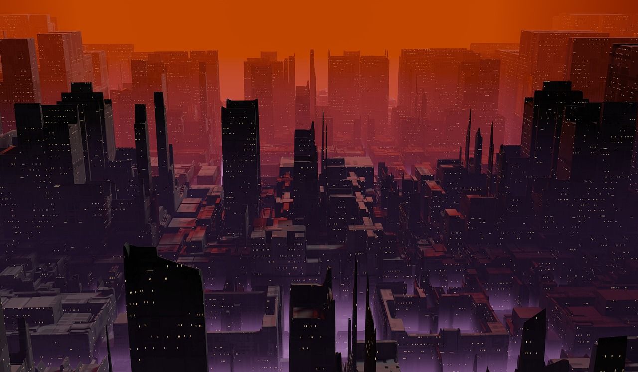 Futuristische Stadt, Orange Himmel, Dystopie, Wolkenkratzer, Dunst, HD, Laptop-Hintergrundbild