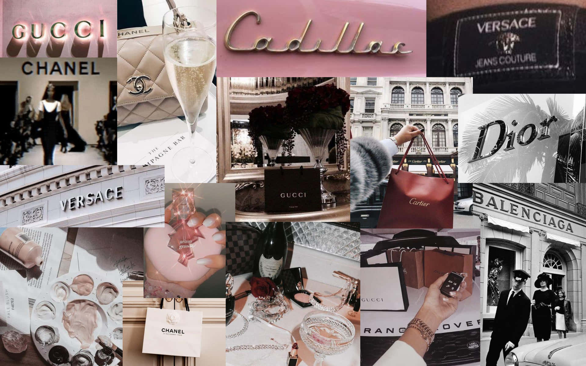 Chanel, Dior, Versace, Balenciaga, Gucci, Collage, Ästhetik, Full HD, Breitbild-Hintergrundbild