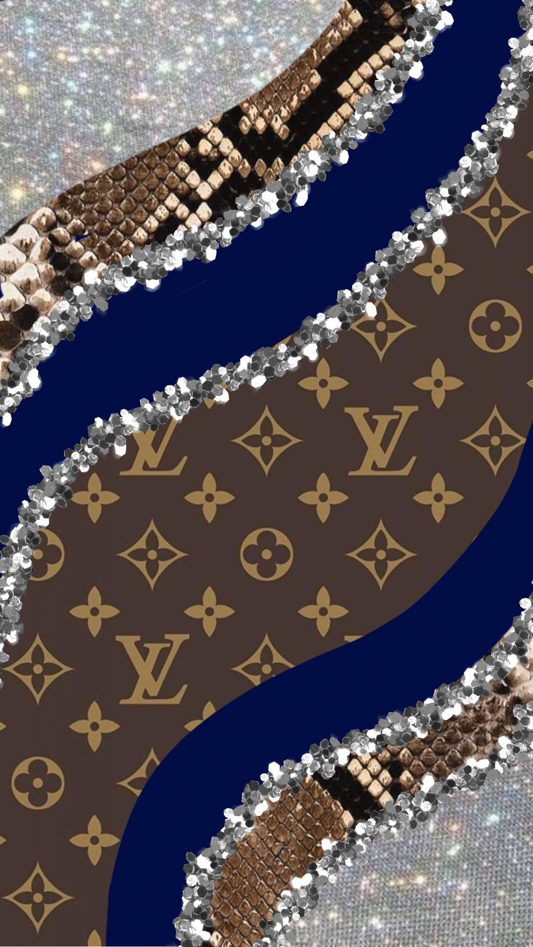 Louis Vuitton, Monogramm, Glitzer, Dunkelblau, Braun, Wellen, Full HD, Handy-Hintergrundbild