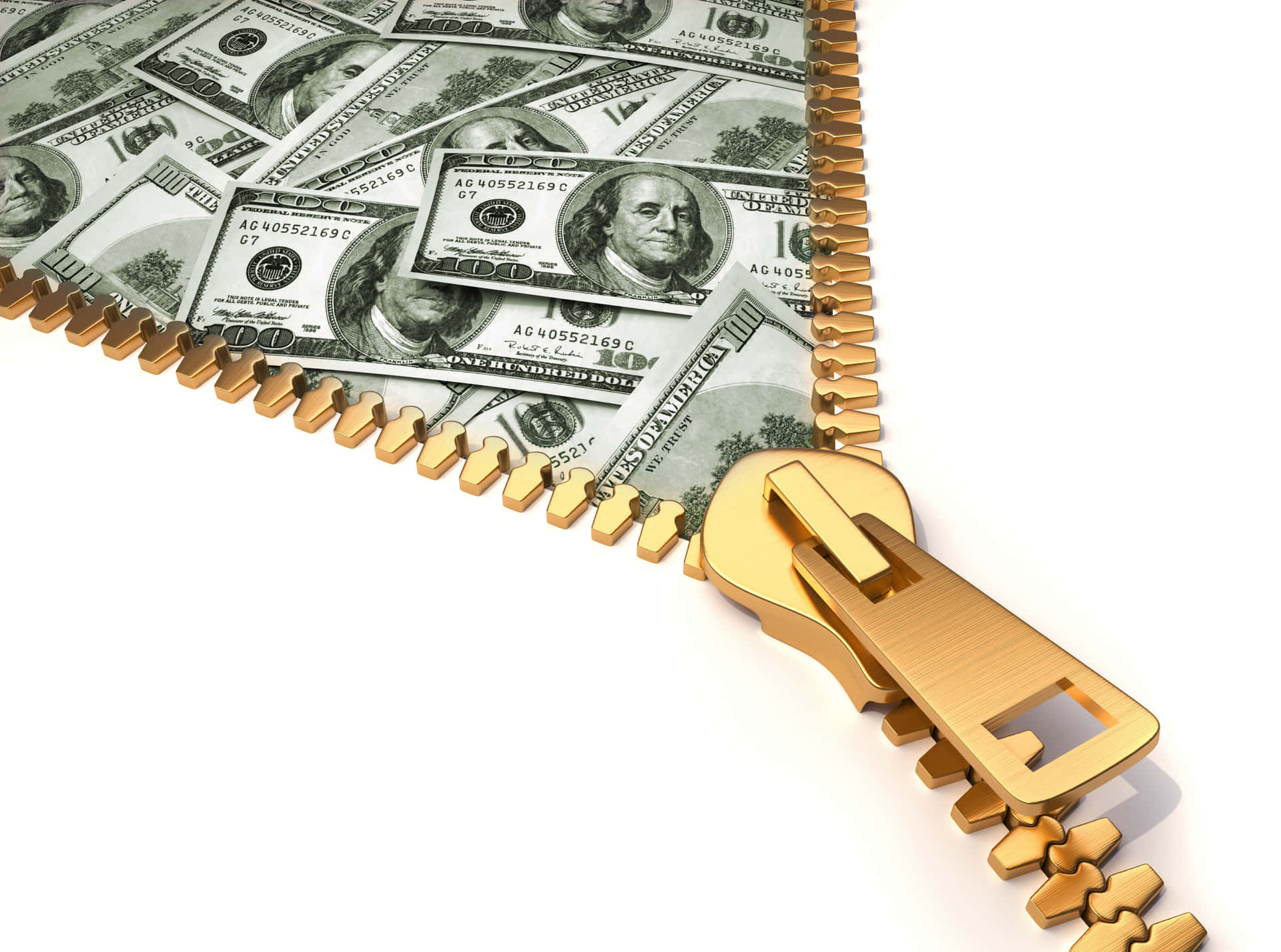 Dollarscheine, Reißverschluss, Bargeld, Konzeptkunst, Weißer Hintergrund, Full HD Wallpaper
