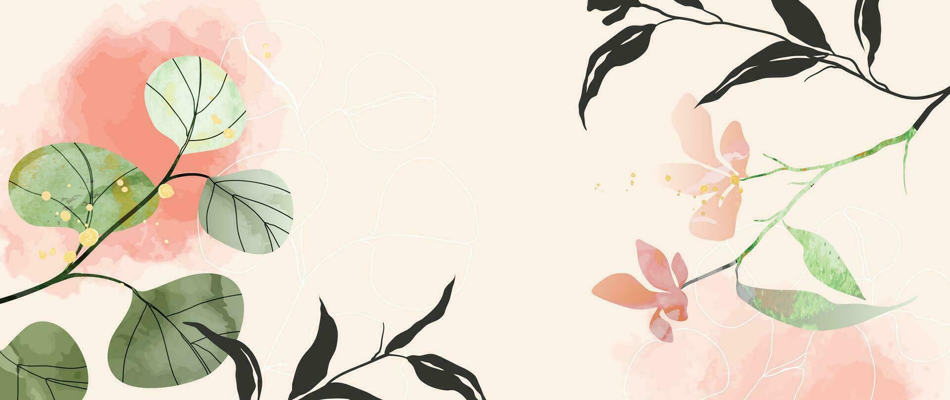 Eukalyptusblätter, Rosa Blüten, Zweige, Aquarell, Botanisch, Cremefarbener Hintergrund, Full HD Wallpaper
