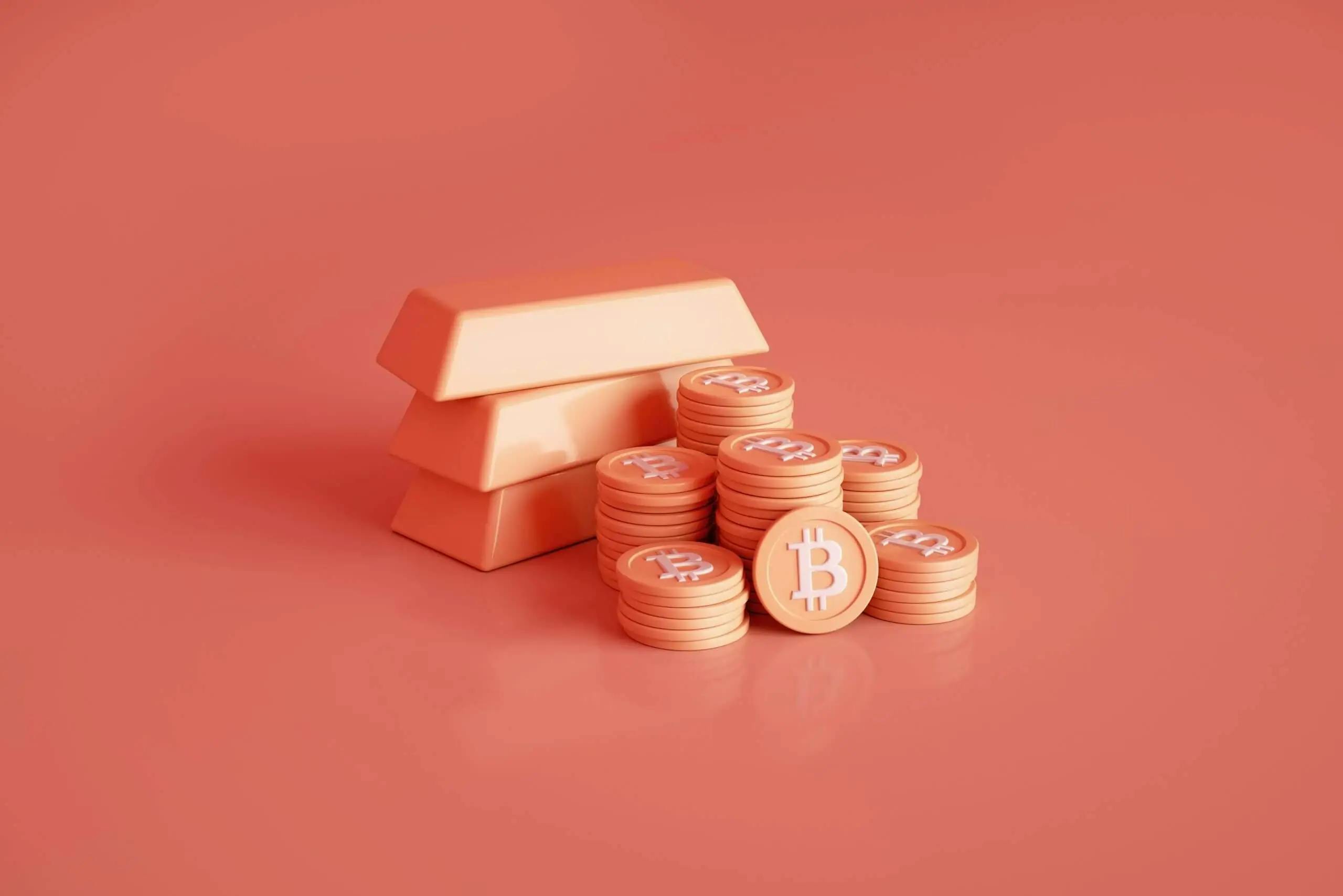 Goldbarren, Bitcoin, Münzen, 3D-Grafik, Korallenroter Hintergrund, 2K Wallpaper