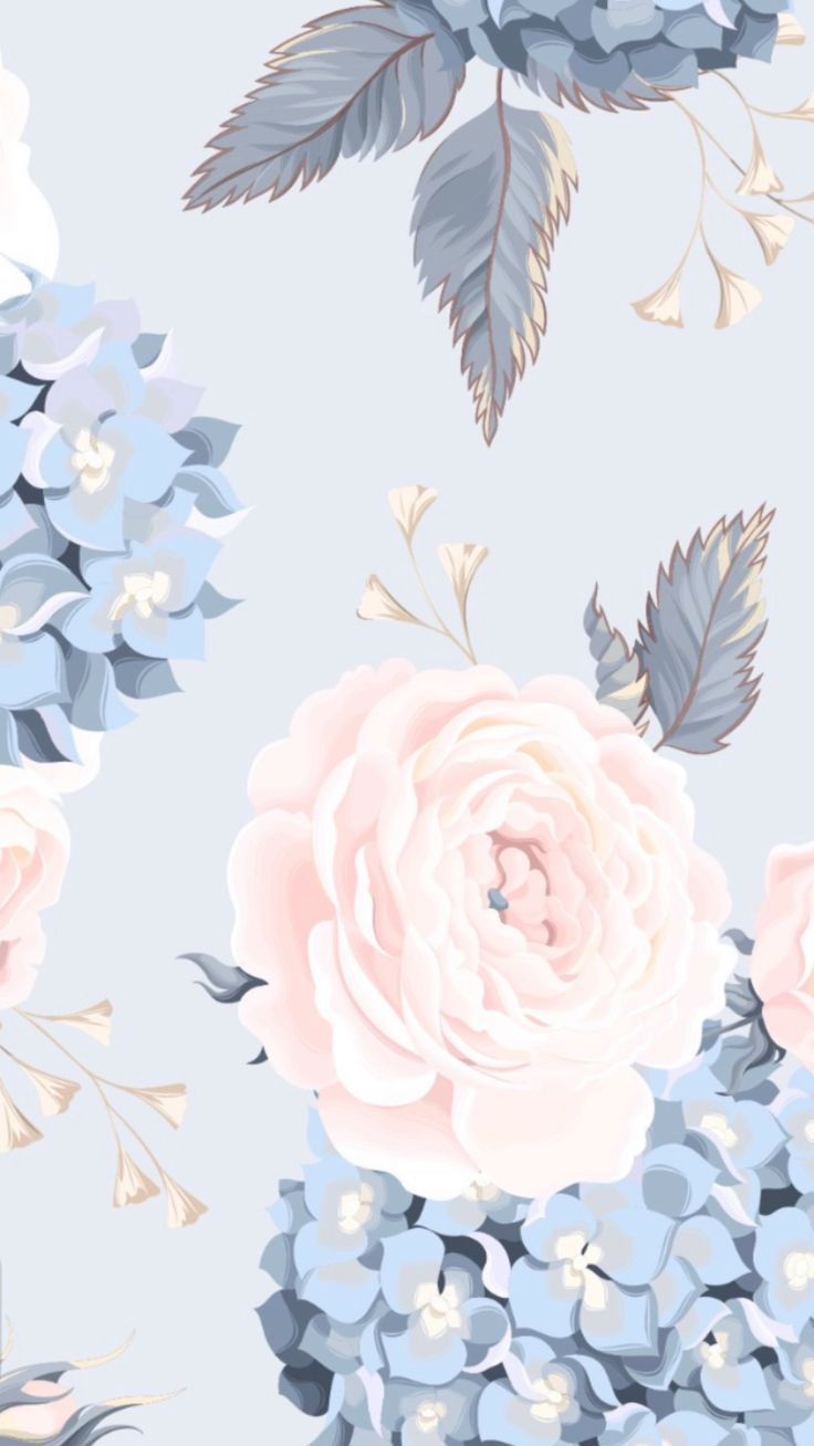 Rosen, Hortensien, Blumenmuster, Aquarell, Pastellblau, HD, Handy-Hintergrund im Hochformat