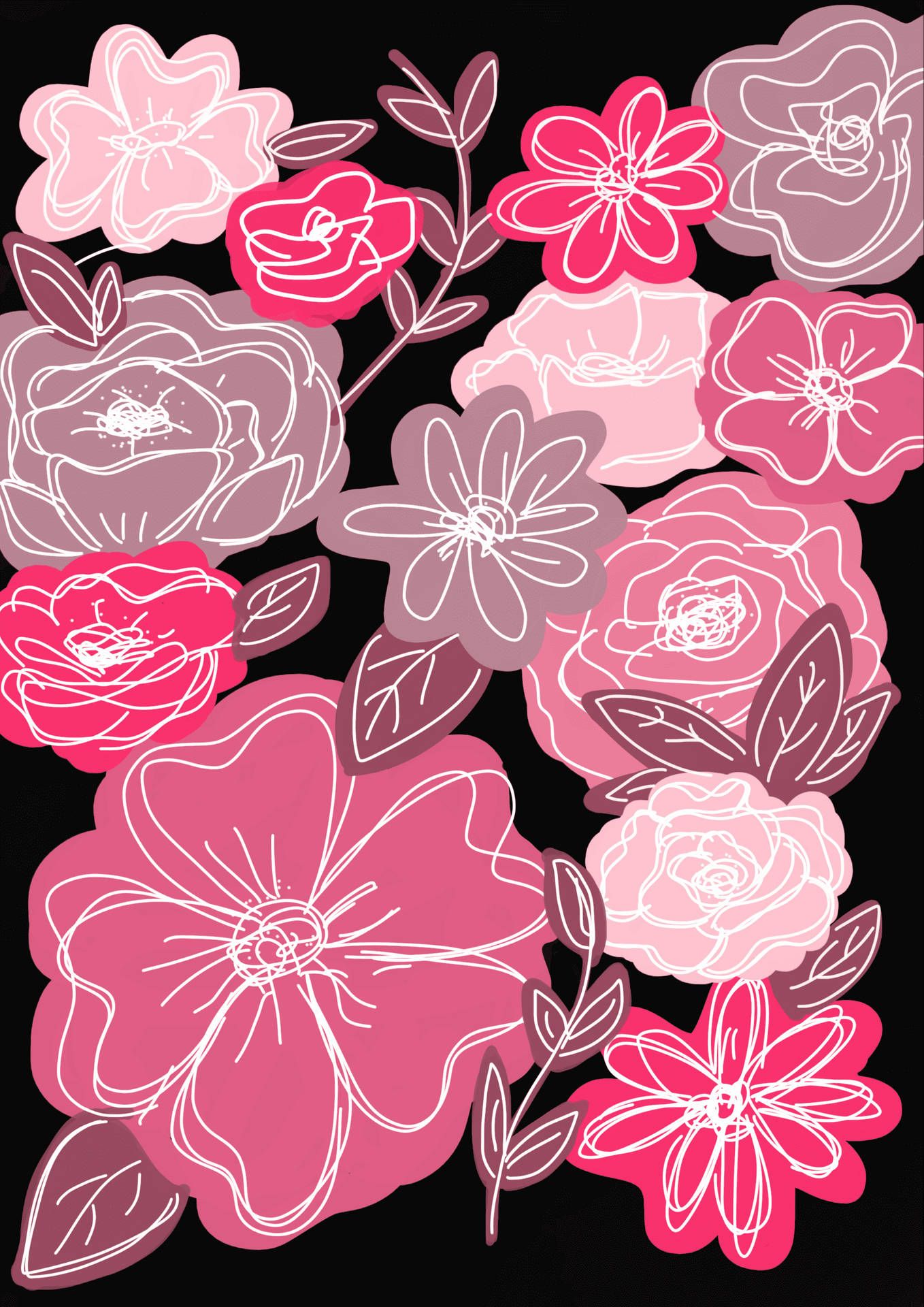 Blumen, Strichzeichnung, Rosa, Schwarzer Hintergrund, Illustration, Full HD Wallpaper