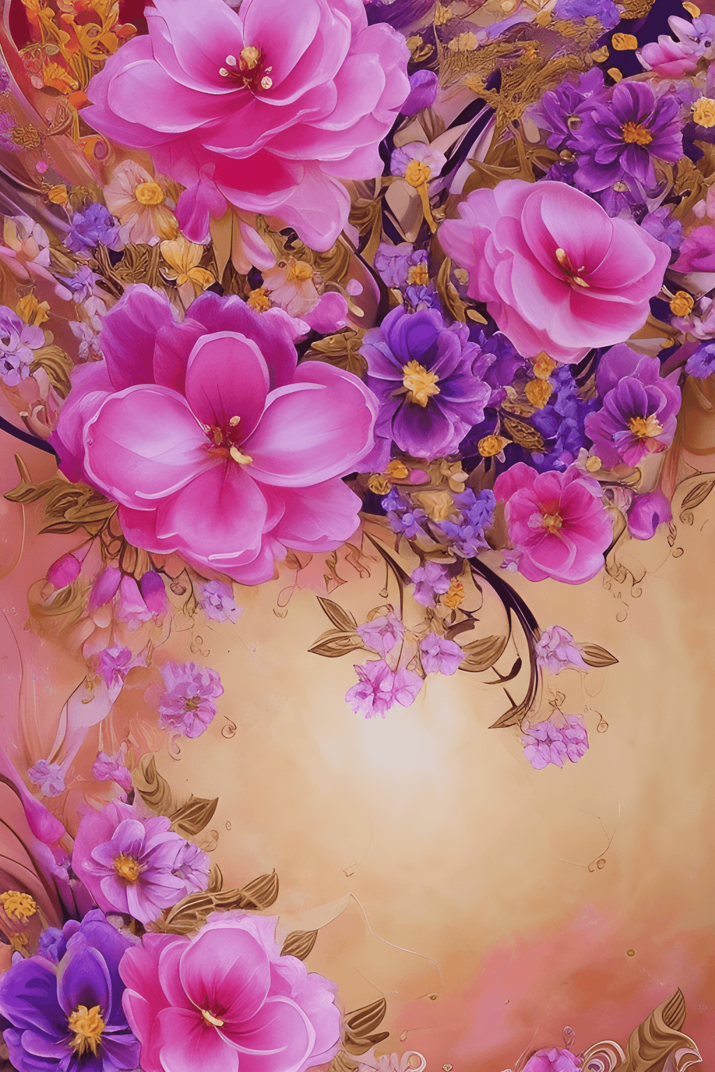 Rosa Blumen, Lila Blüten, Malerei, Ornament, Bunt, HD, Hintergrundbild fürs Handy