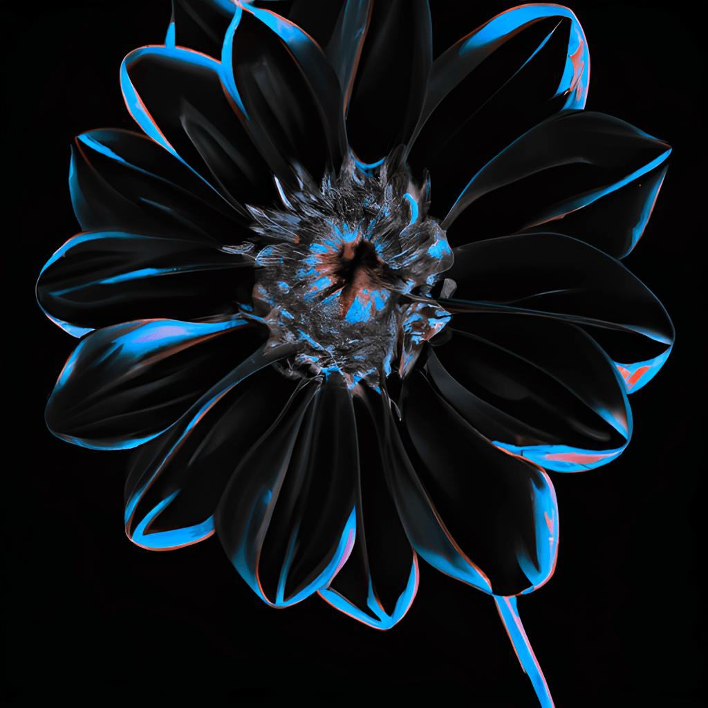 Schwarze Blume, Blaue Konturen, Dahlie, Schwarzer Hintergrund, Neon, Wallpaper