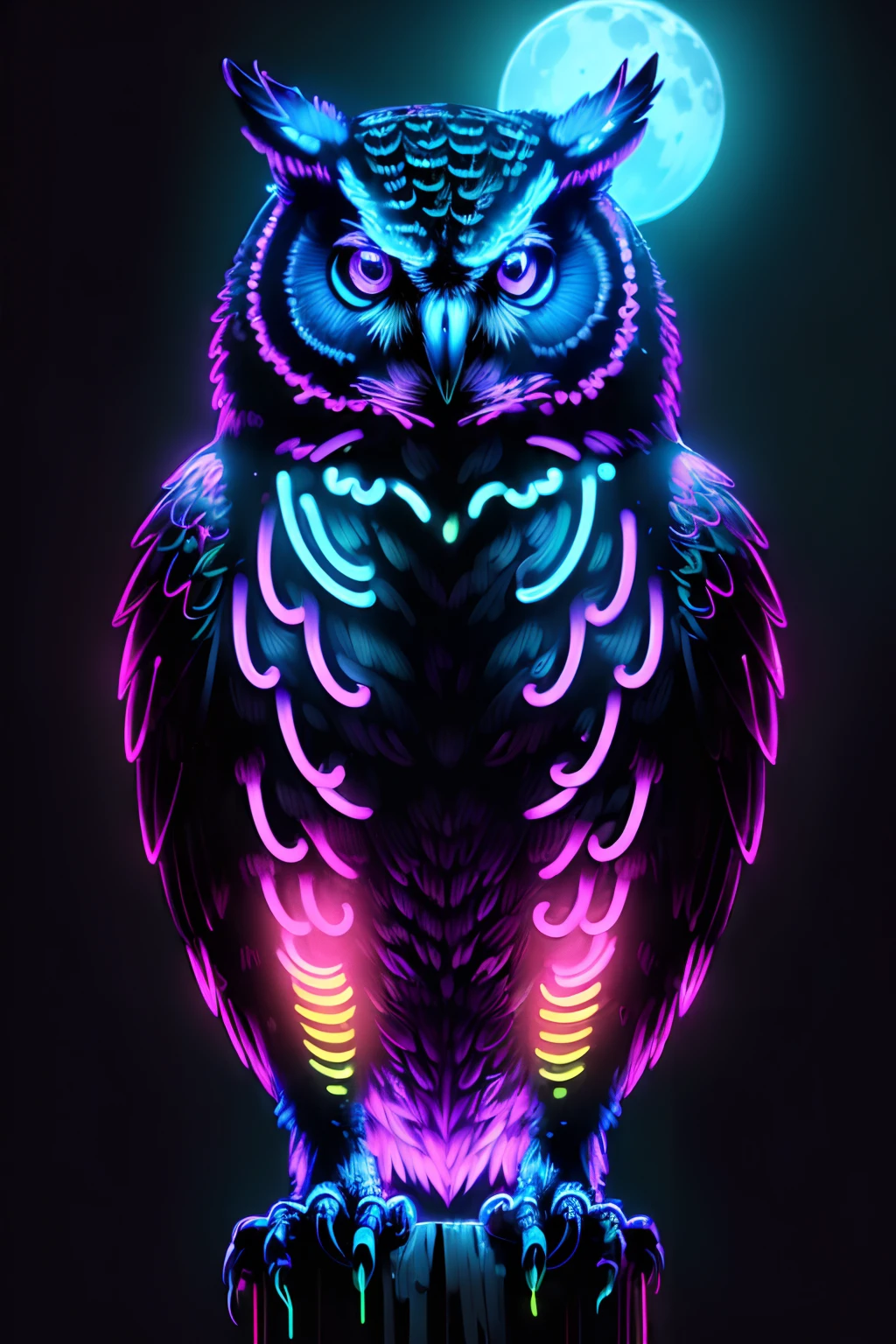 Eule, Neonlinien, Mond, Blau, Pink, Nacht, Hochformat, Hintergrundbild fürs Smartphone