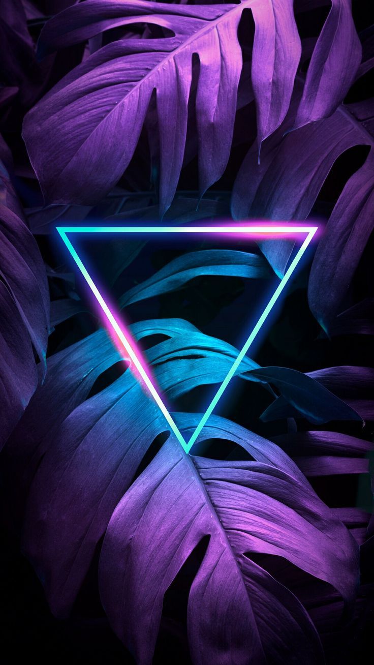 Dreieck, Tropische Blätter, Lila, Blau, Neonrahmen, HD, Handy-Hintergrund im Hochformat