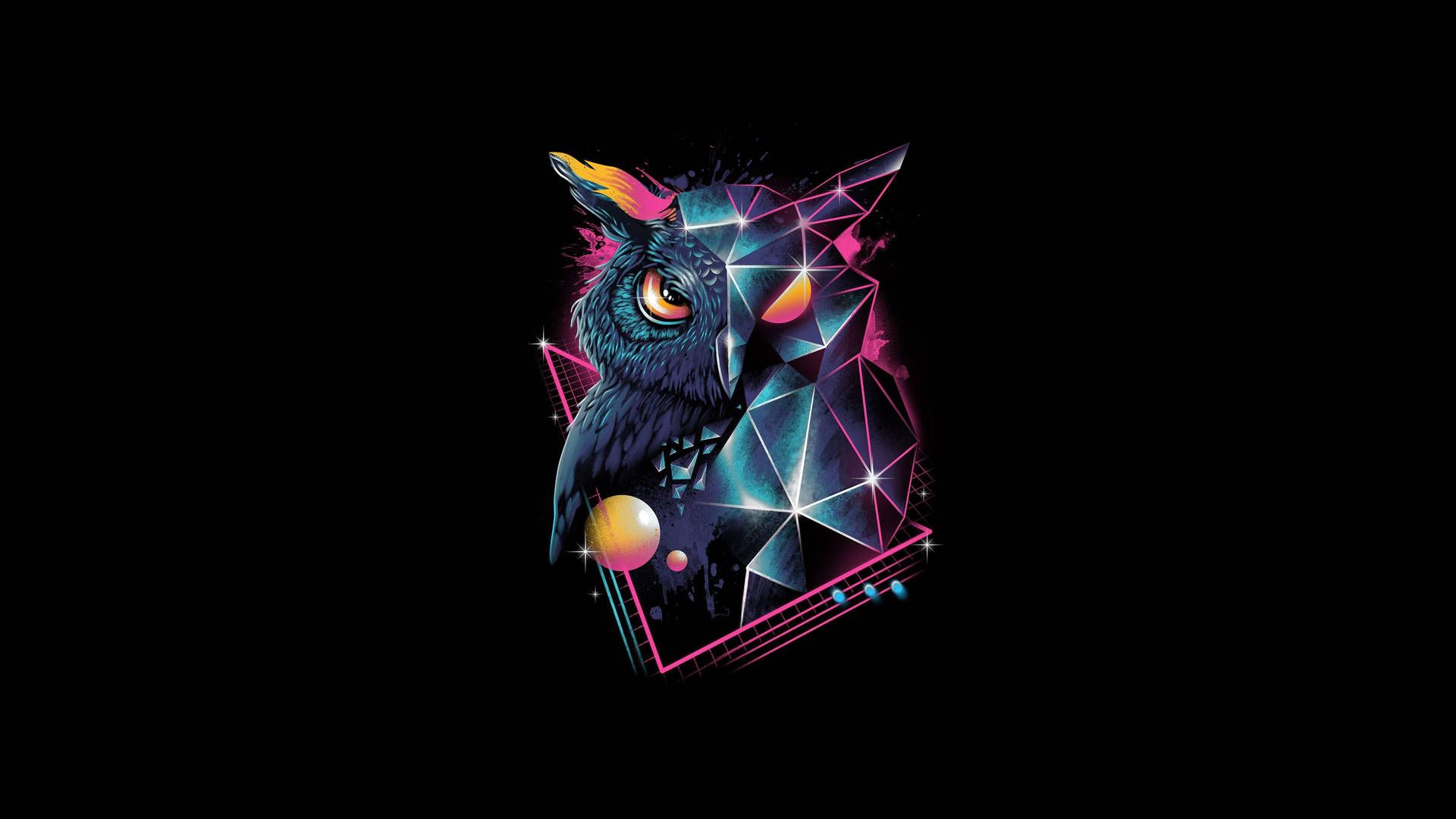 Eule, Low Poly, Geometrisch, Schwarzer Hintergrund, Planet, Full HD Wallpaper
