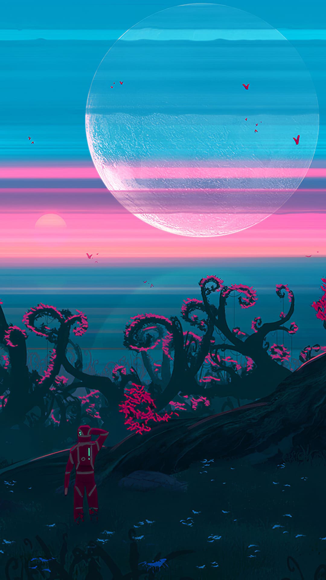 Mond, Vaporwave, Pflanzen, Türkis, Pink, Digitale Kunst, Full HD, Handy-Hintergrund