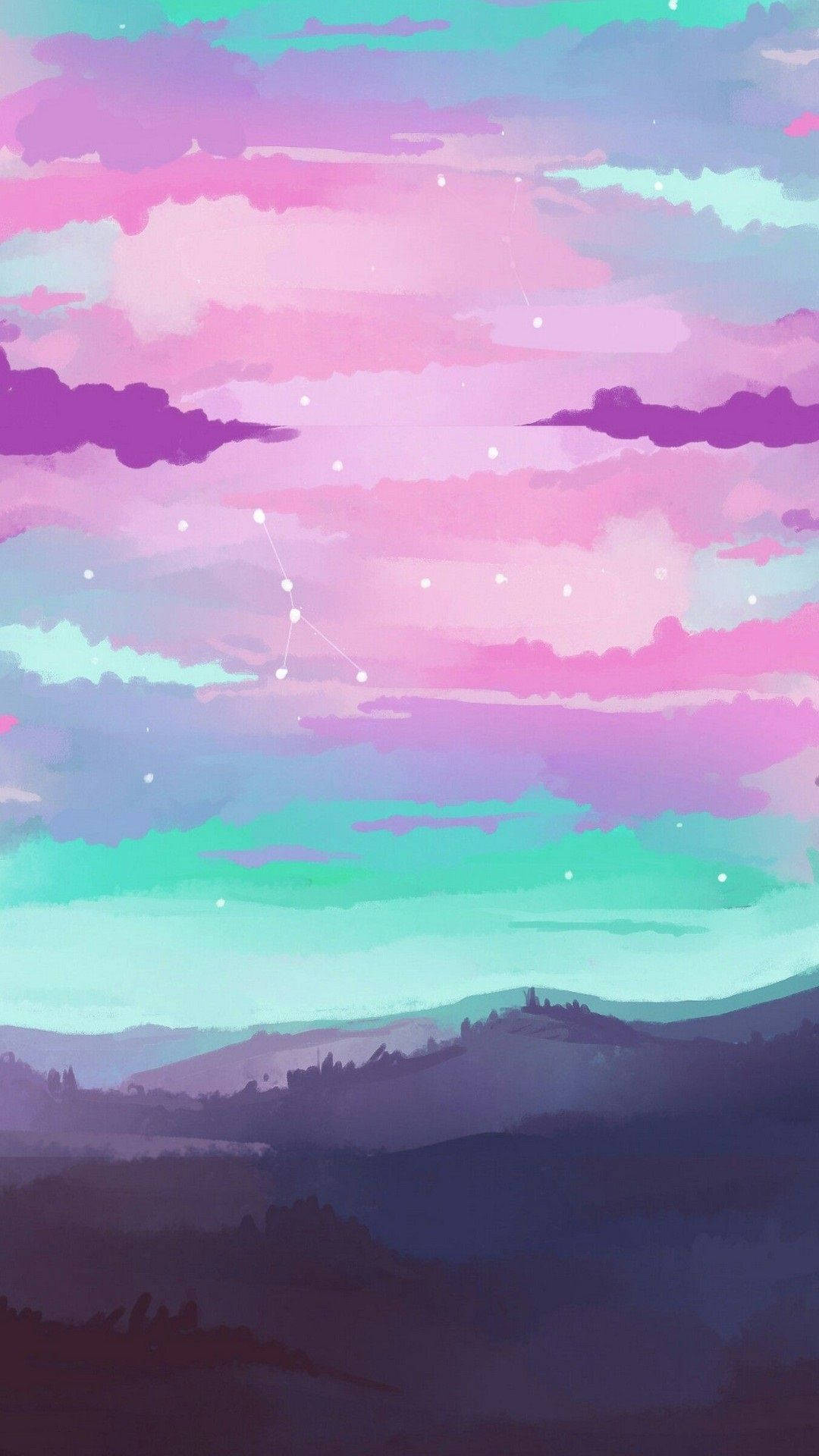 Wolken, Berge, Pastell, Rosa Himmel, Illustration, Hintergrundbild für iPhone und Android