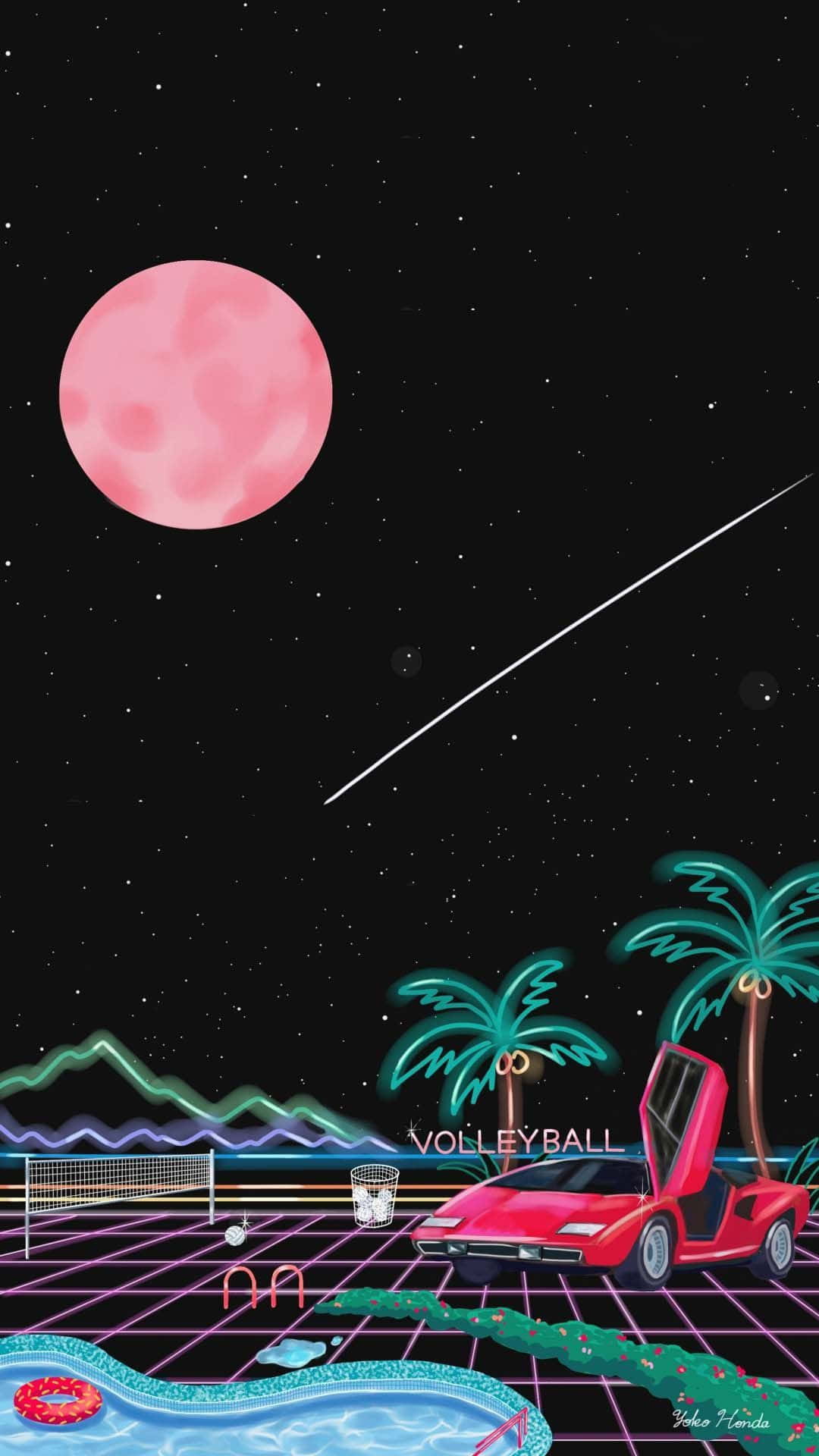 Synthwave, Palmen, Sportwagen, Mond, Sternschnuppe, Neon, Full HD, Handy-Hintergrundbild