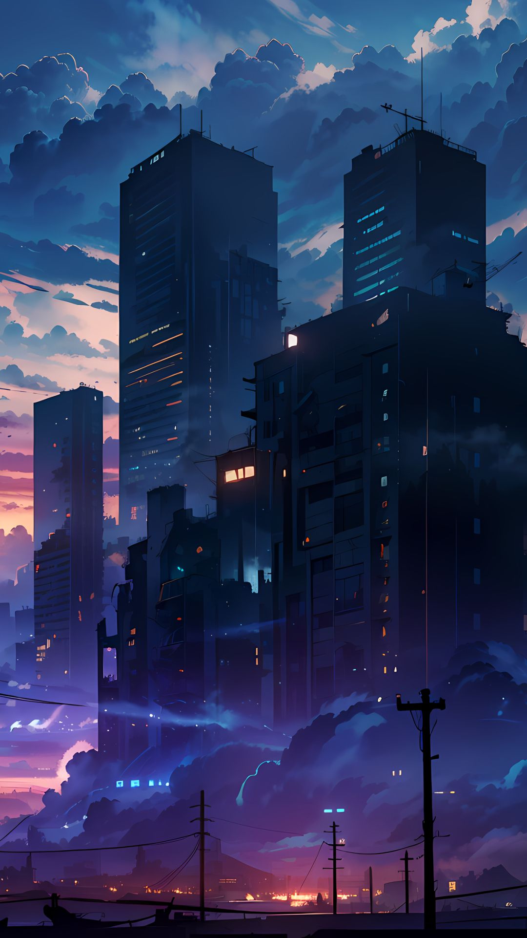 Wolkenkratzer, Stadt, Anime-Stil, Abendhimmel, Wolken, Hochformat, Hintergrundbild fürs Smartphone