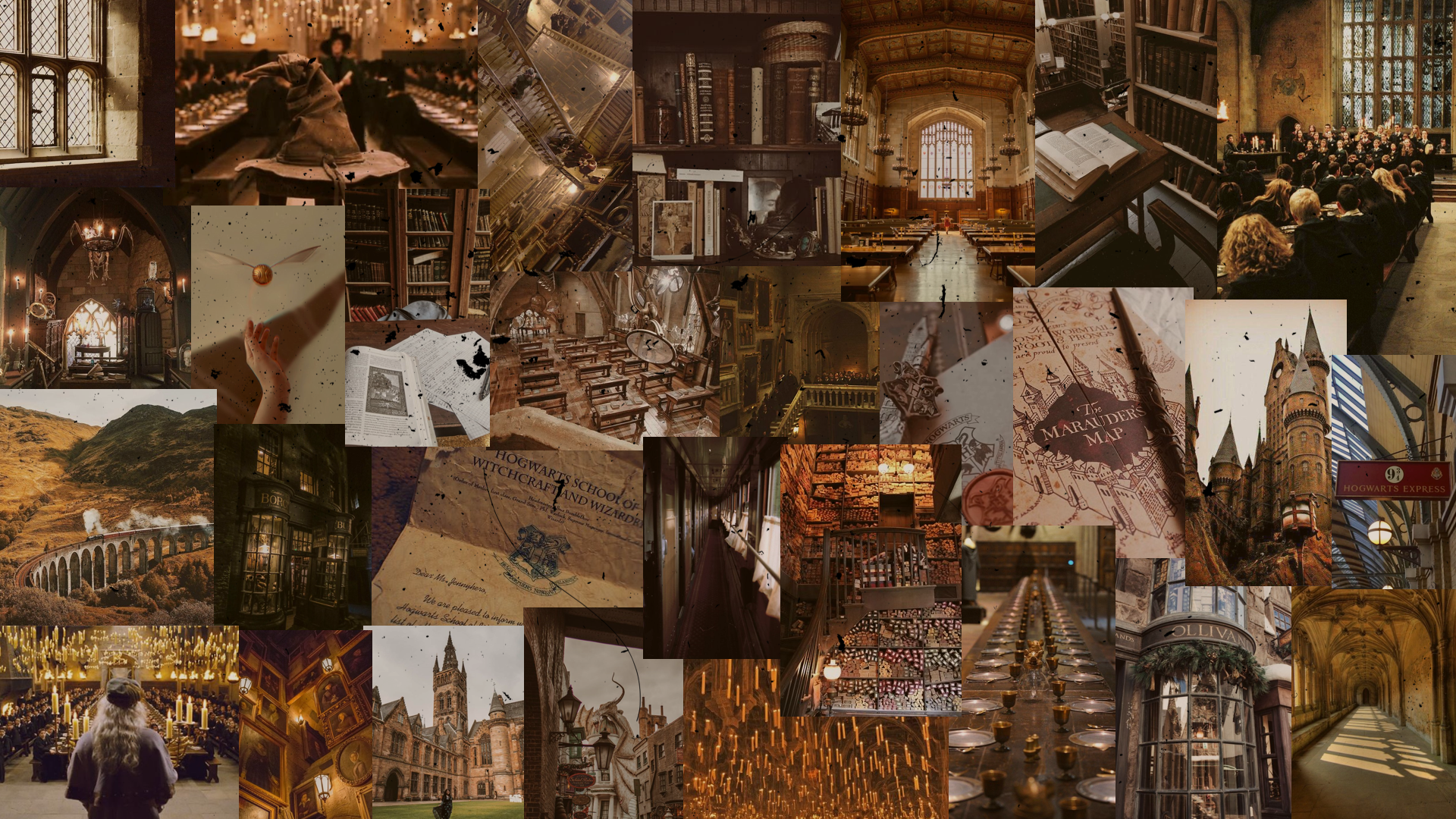 Harry Potter, Hogwarts, Collage, Braun, Ästhetik, 16:9, Full-HD-Hintergrundbild für den Desktop
