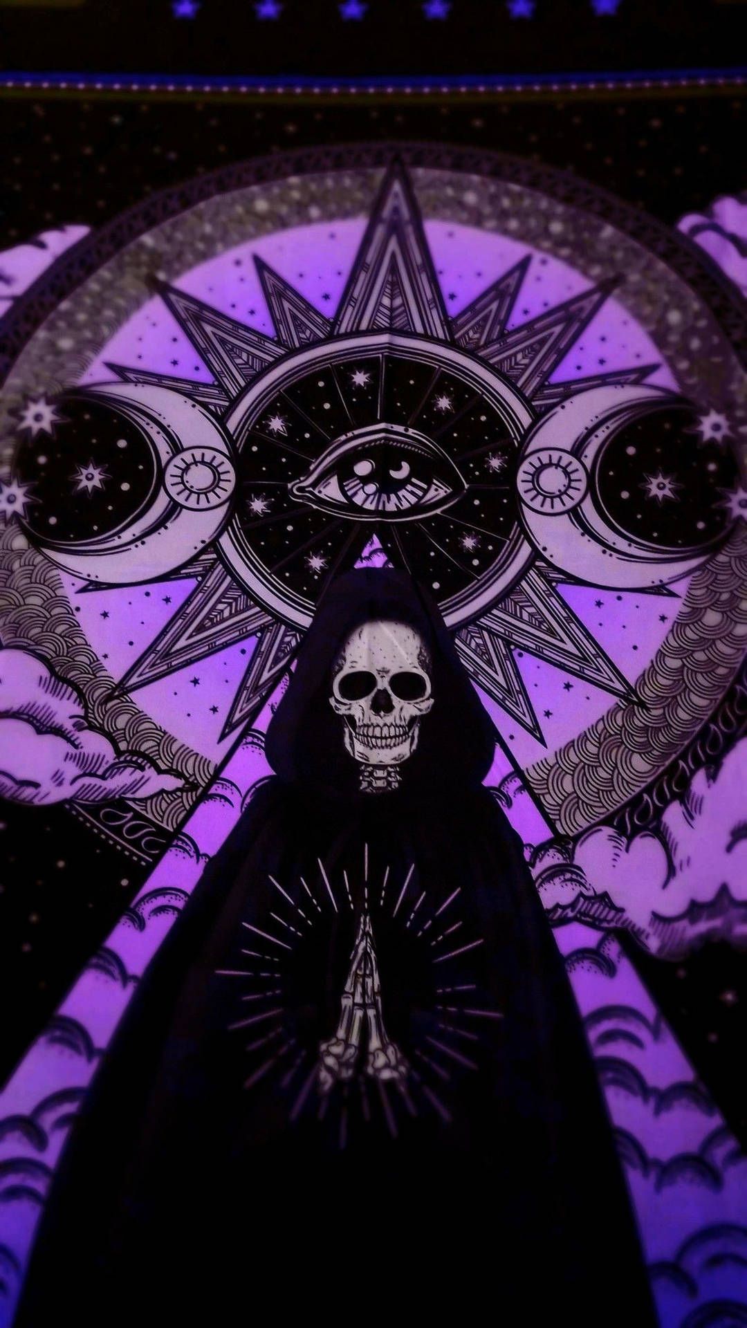 Okkult, Totenkopf, Sensenmann, Auge, Lila, Mystisch, Hintergrundbild für iPhone und Android
