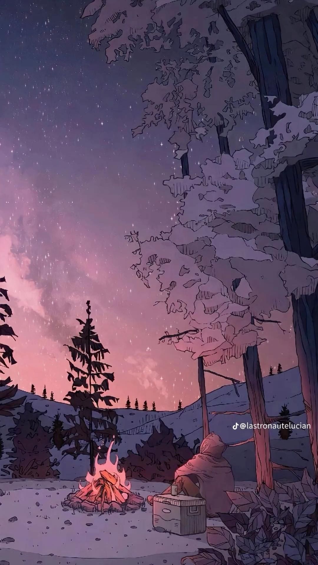 Lagerfeuer, Bäume, Nachthimmel, Anime-Stil, Winter, Full HD, Handy-Hintergrund im Hochformat