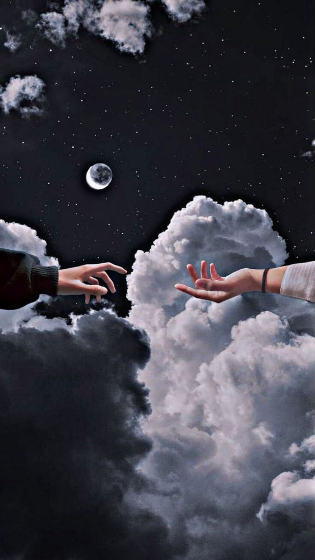 Hände, Wolken, Mond, Nacht, Surreal, Hochformat, Hintergrundbild fürs Smartphone