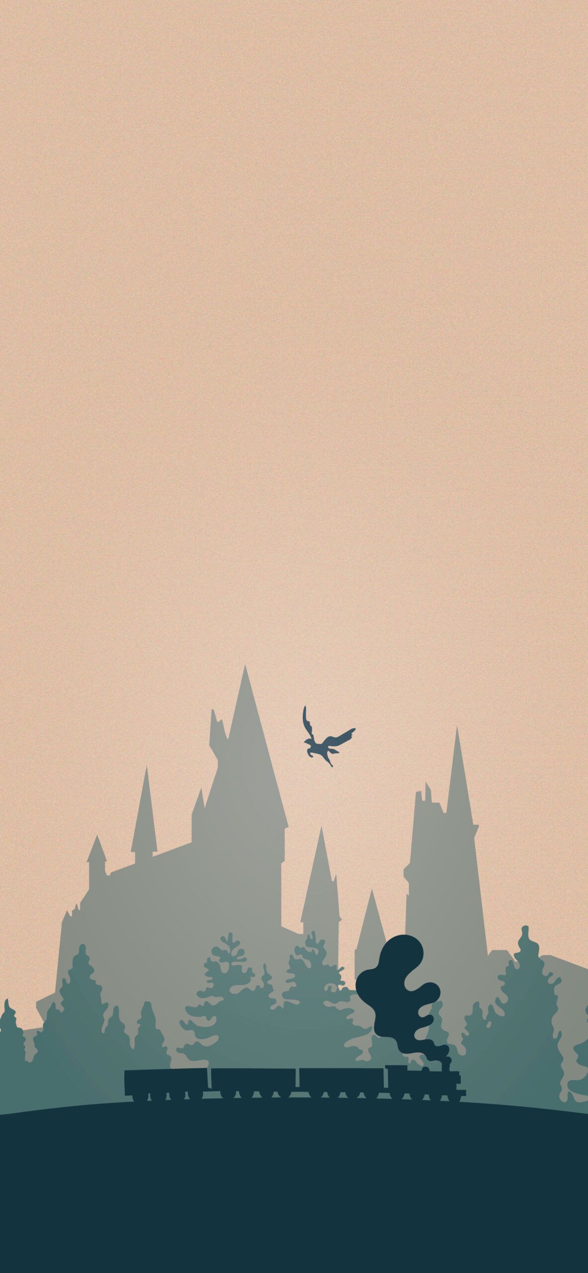 Hogwarts, Silhouette, Beige, Petrol, Minimalismus, Full HD, Handy-Hintergrund im Hochformat