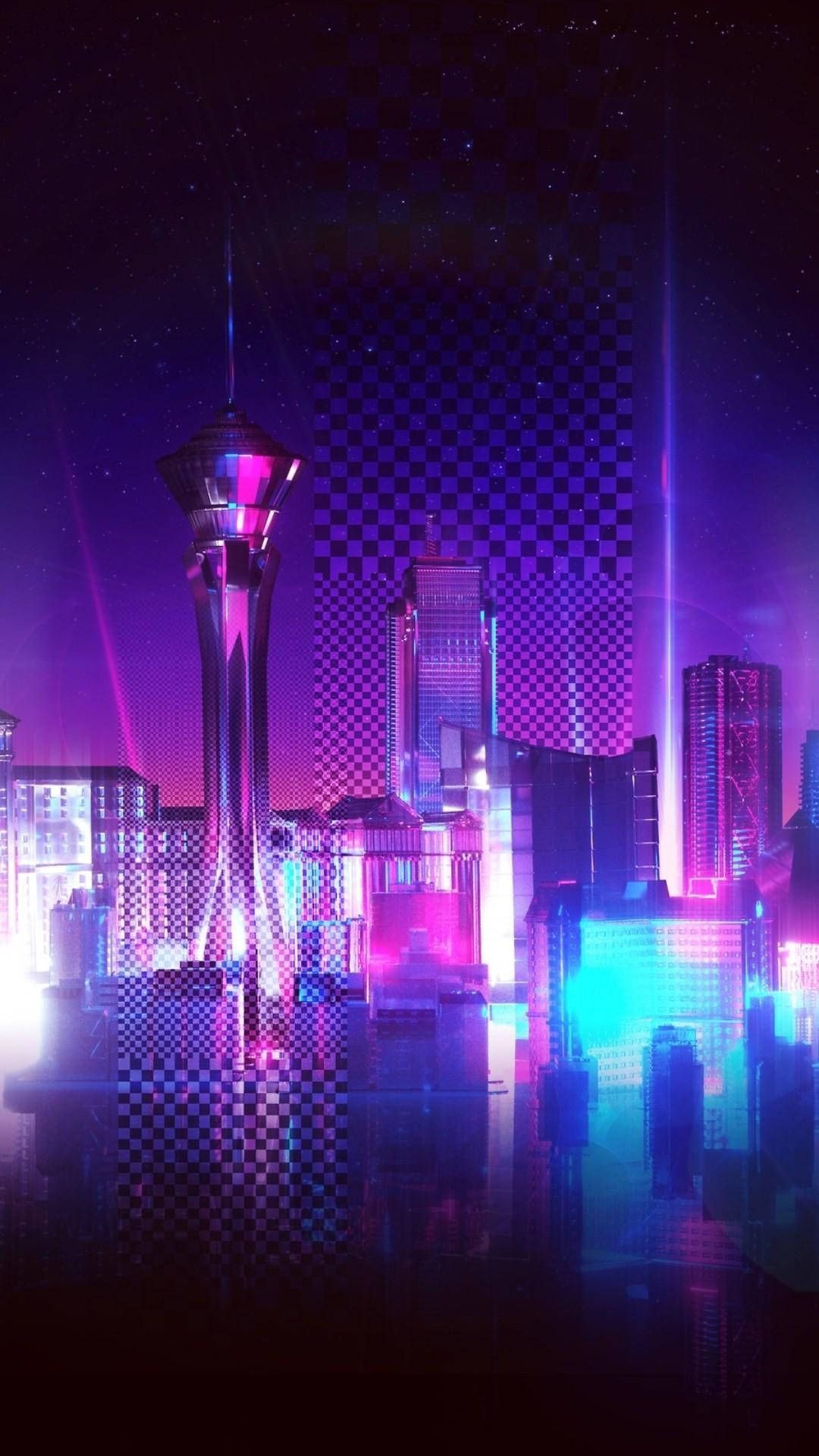 Futuristische Stadt, Neon, Wolkenkratzer, Lila, Cyberpunk, Hintergrundbild fürs Handy