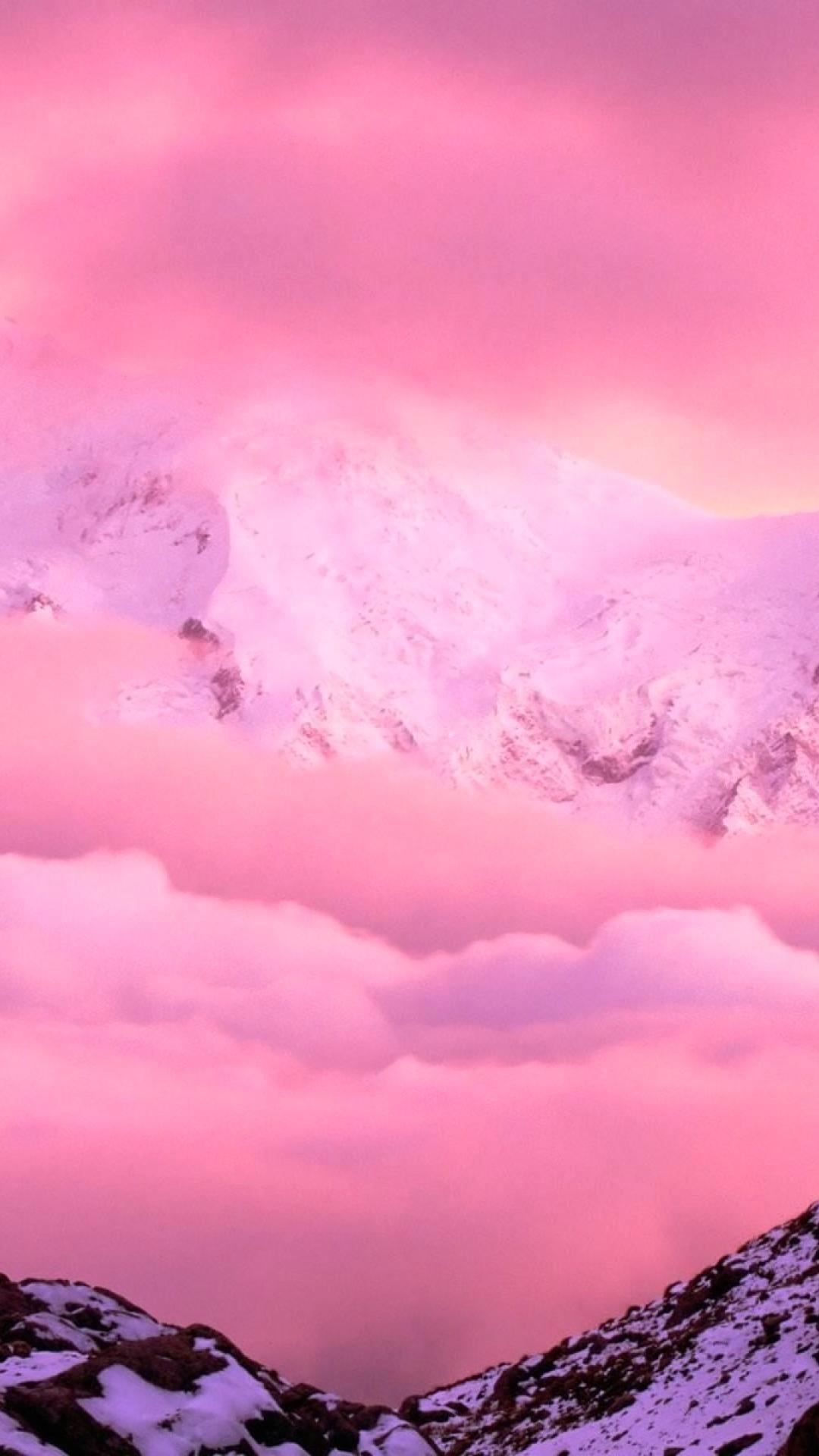 Berge, Rosa Wolken, Schnee, Rosa Himmel, Full HD, Handy-Hintergrund im Hochformat