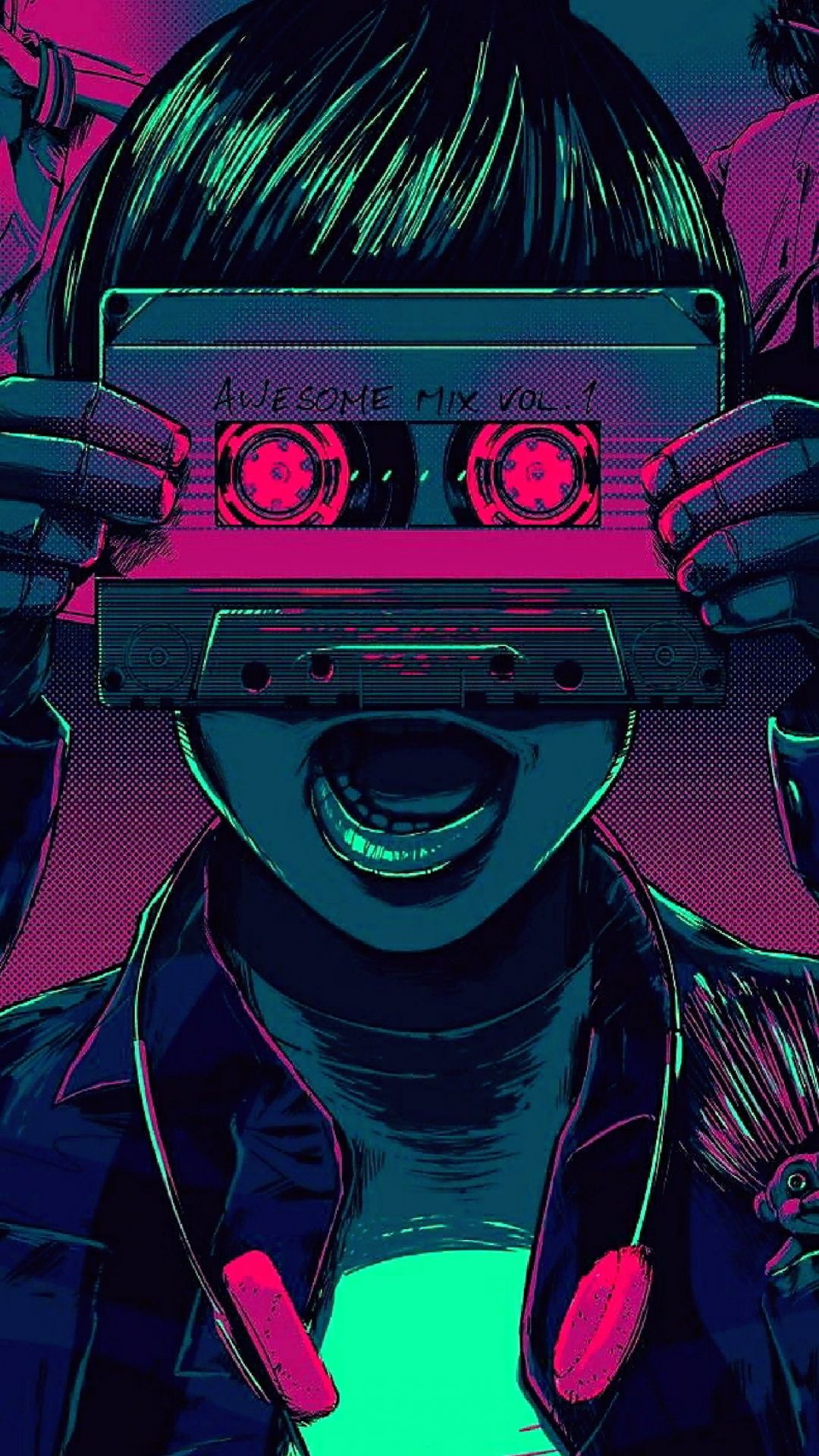 Mädchen, Kassette, Kopfhörer, Retro, Neon, Illustration, Full HD, iPhone-Hintergrundbild