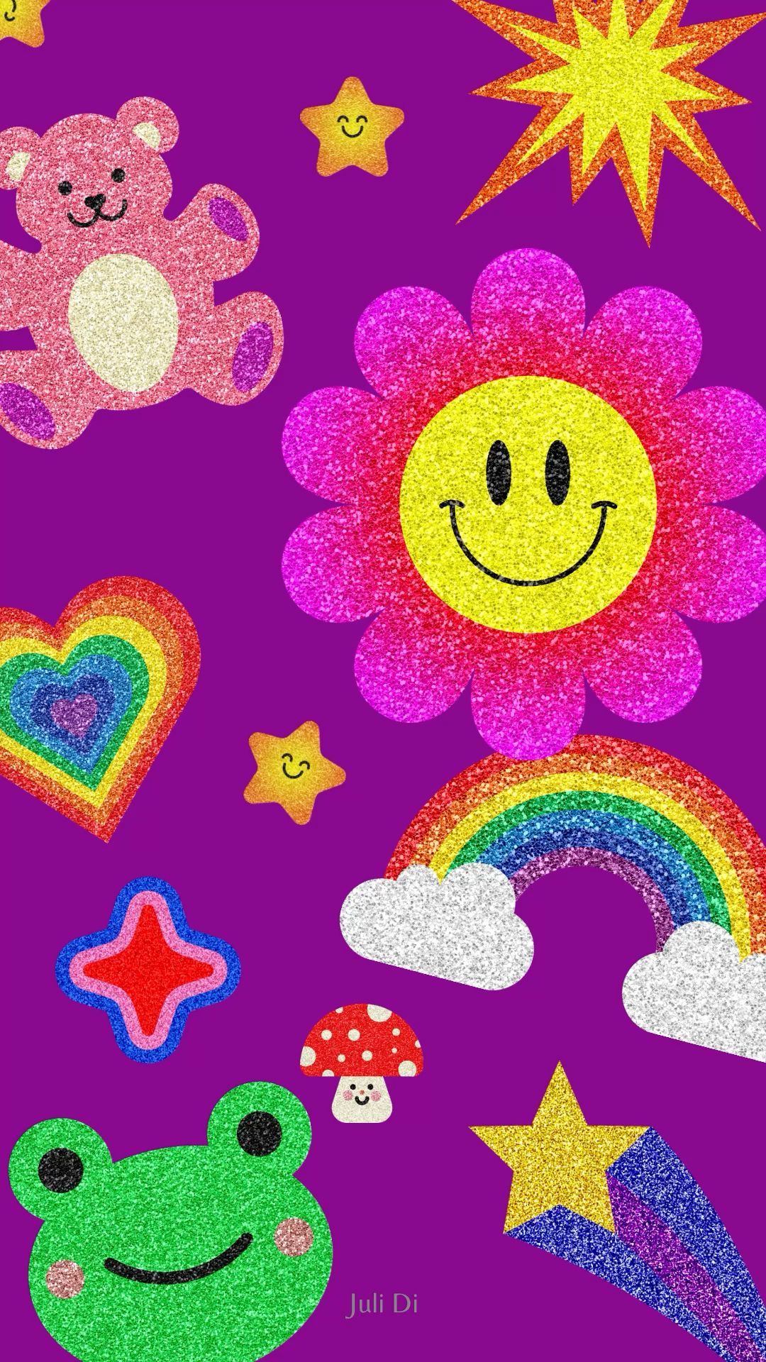 Smiley, Teddybär, Regenbogen, Frosch, Sticker, Lila Hintergrund, Sperrbildschirm fürs iPhone
