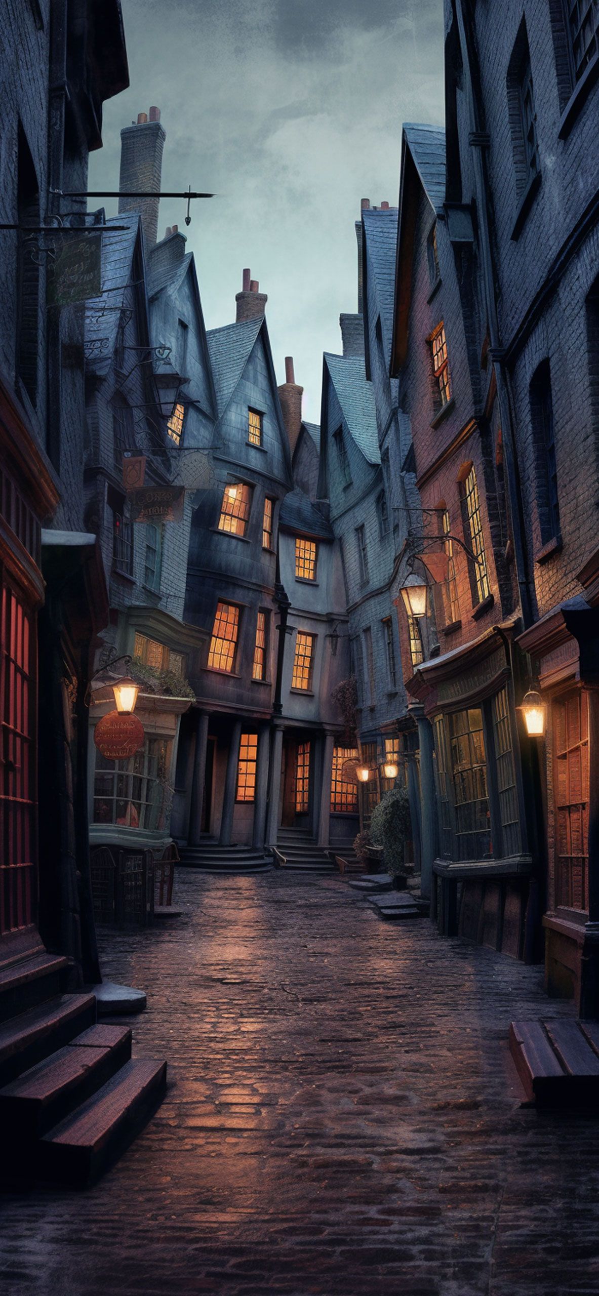 Harry Potter, Gasse, Kopfsteinpflaster, Nacht, Fachwerkhäuser, Full HD, Handy-Hintergrundbild