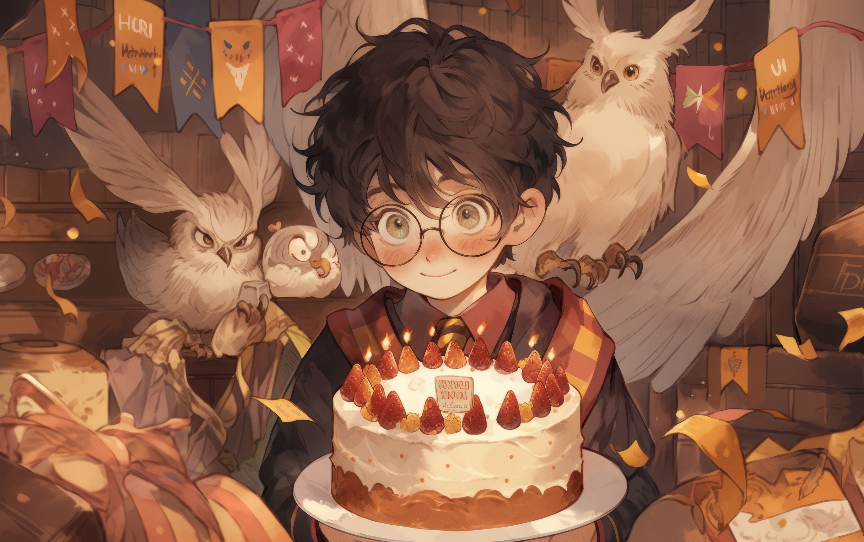 Harry Potter, Geburtstagstorte, Eulen, Hedwig, Anime-Stil, 2K, Laptop-Hintergrundbild