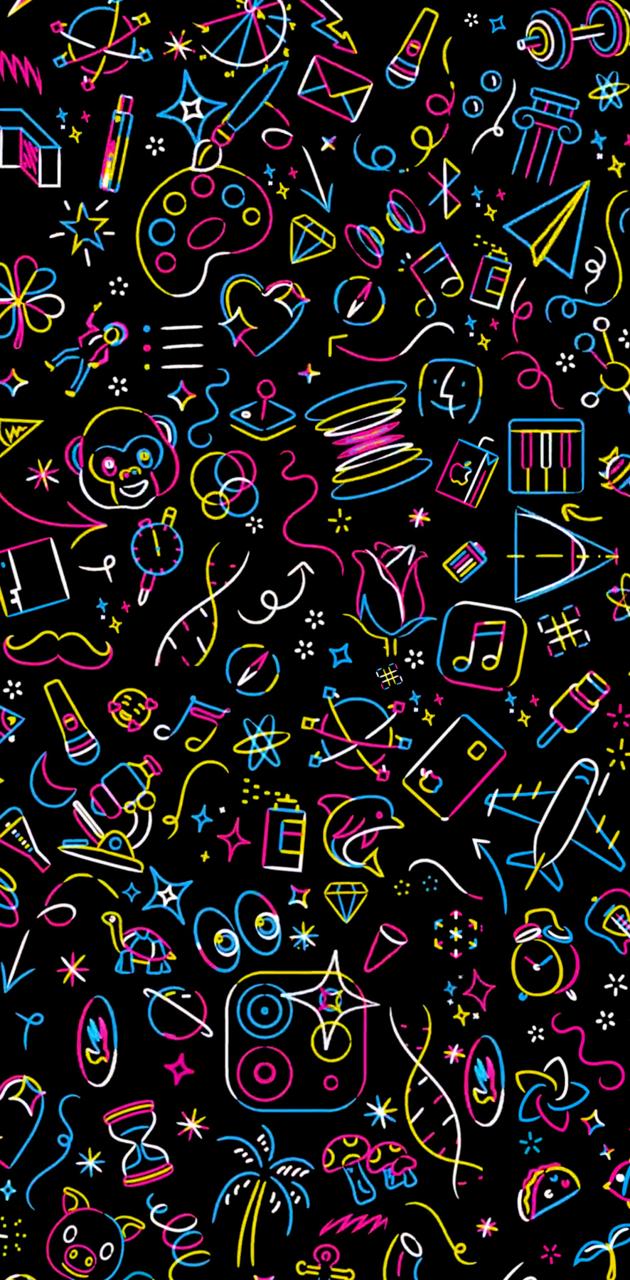 Doodle, Neonfarben, Muster, Schwarzer Hintergrund, Wallpaper