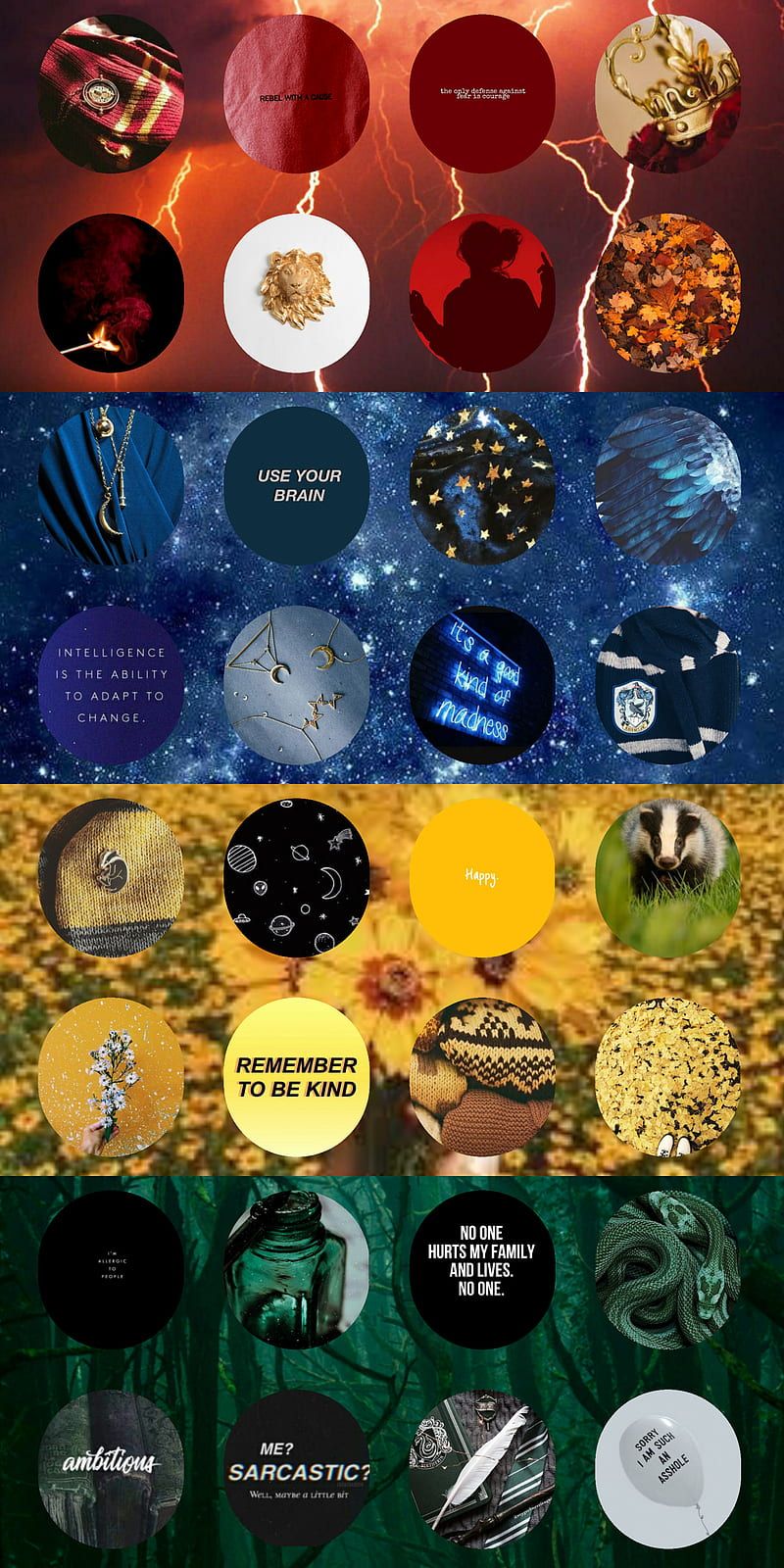 Gryffindor, Ravenclaw, Hufflepuff, Slytherin, Hogwarts-Häuser, Collage, Hintergrundbild fürs Handy