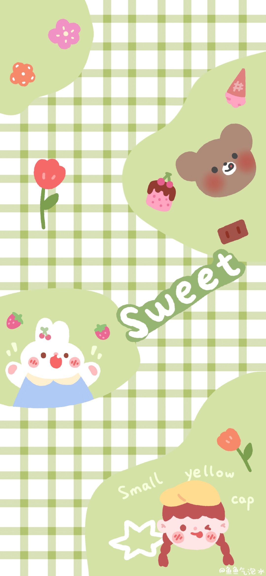 Bär, Karomuster, Blumen, Grün, Kawaii, HD, Handy-Hintergrund im Hochformat