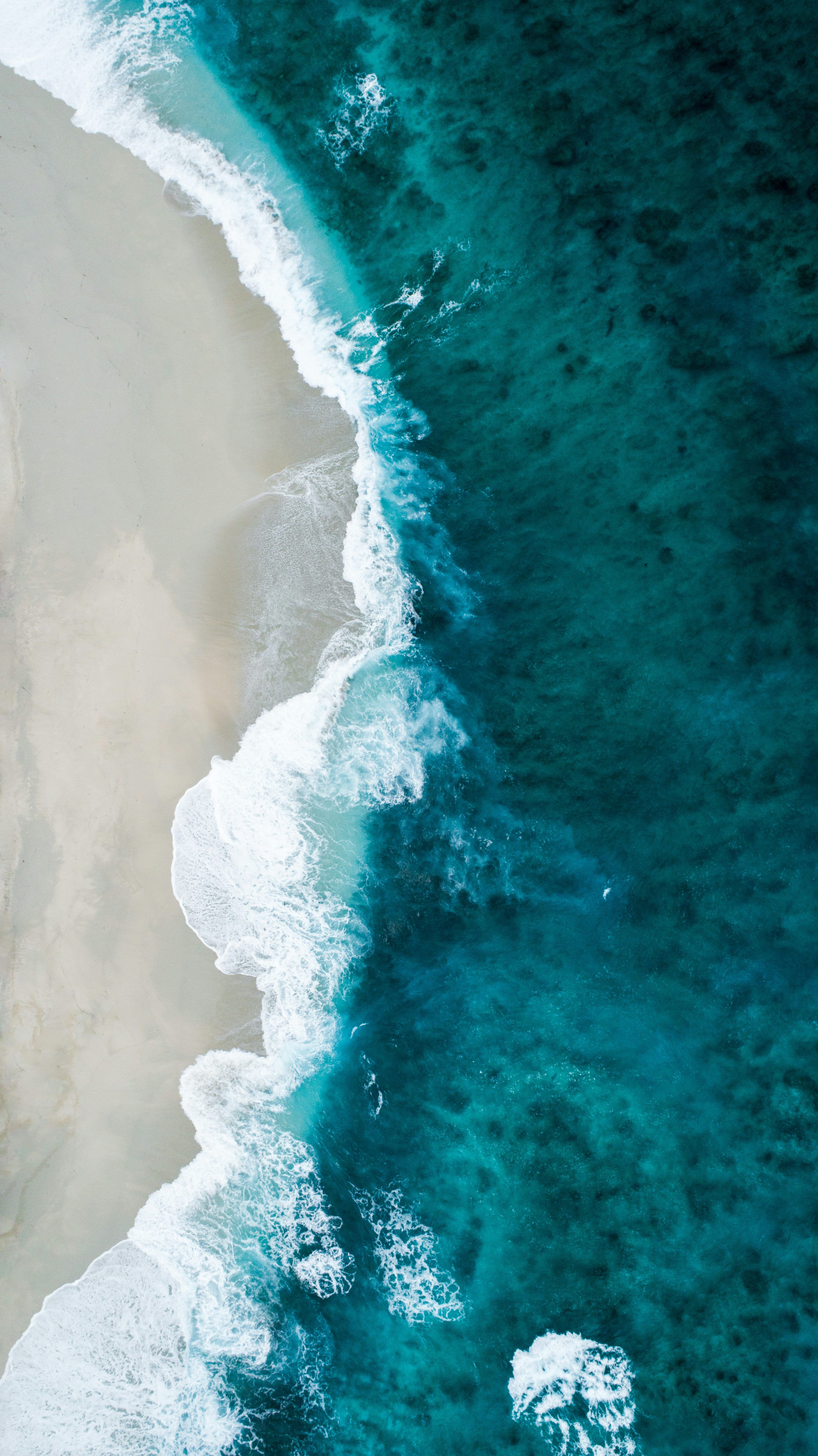 Luftaufnahme, Strand, Türkises Meer, Brandung, Sand, QHD+, Hintergrundbild fürs Handy