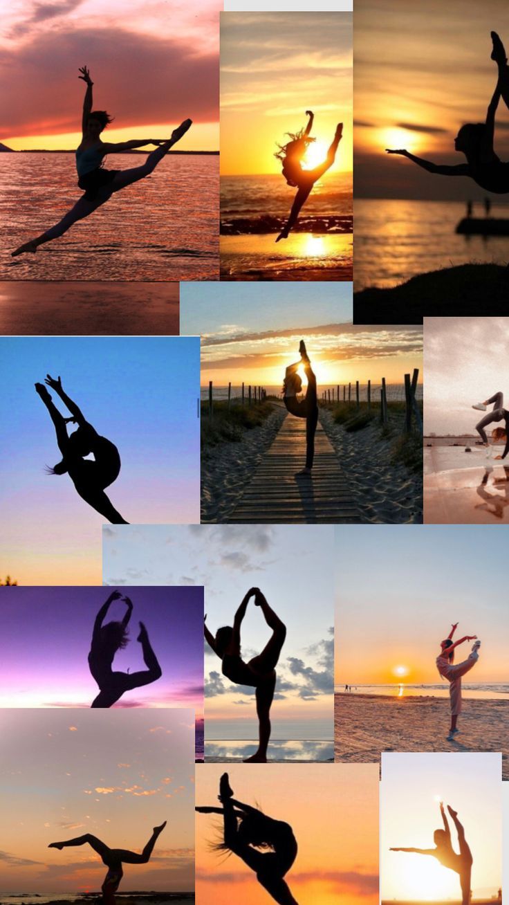 Collage, Silhouetten, Strand, Sonnenuntergang, Akrobatik, HD, Handy-Hintergrund
