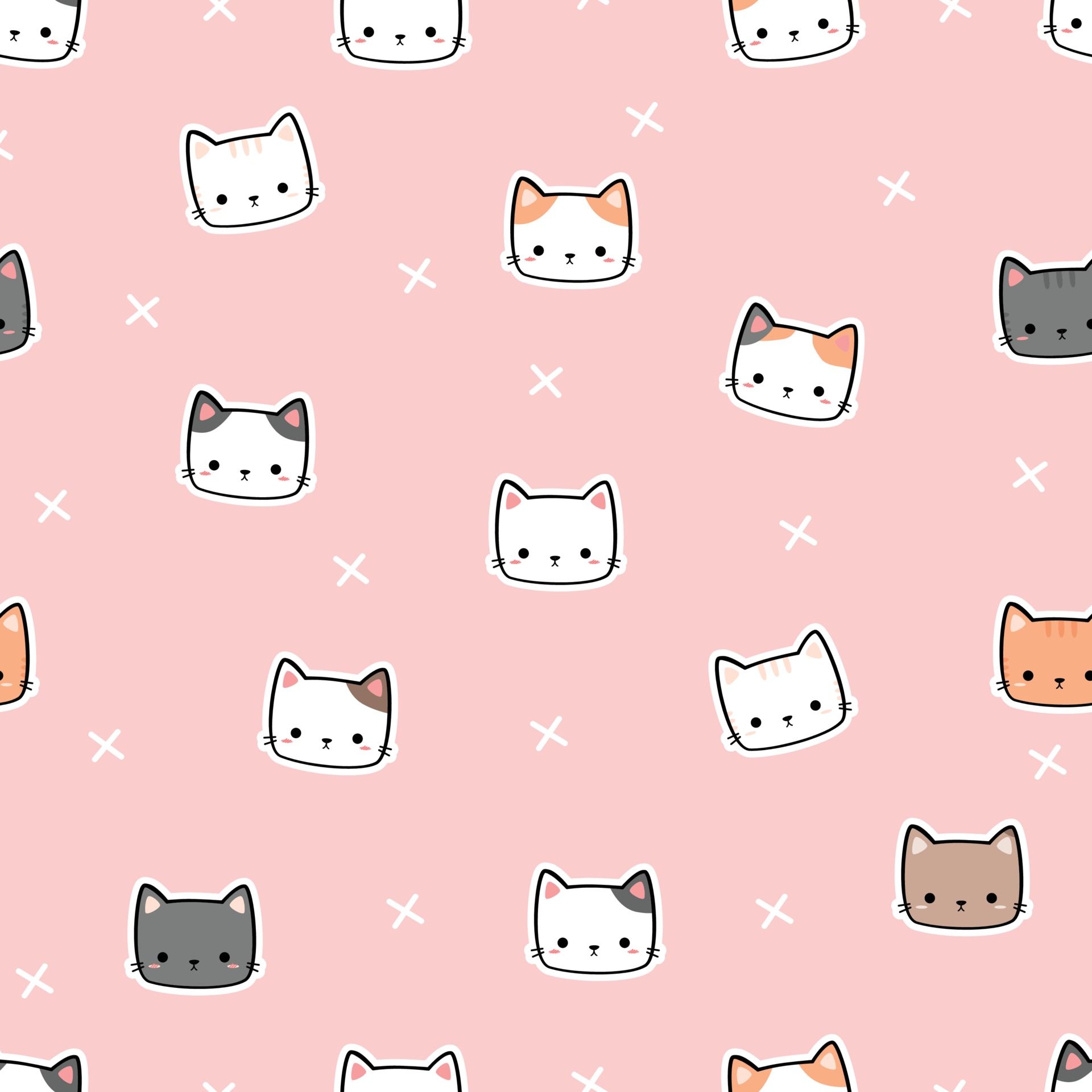 Katzenköpfe, Muster, Rosa Hintergrund, Kawaii, Full HD Wallpaper