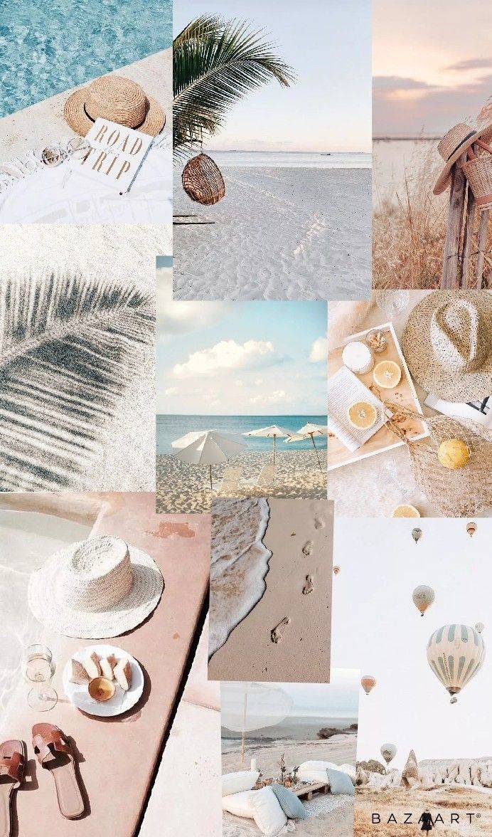 Collage, Beige, Strand, Palmenblätter, Muscheln, Hintergrundbild für iPhone und Android