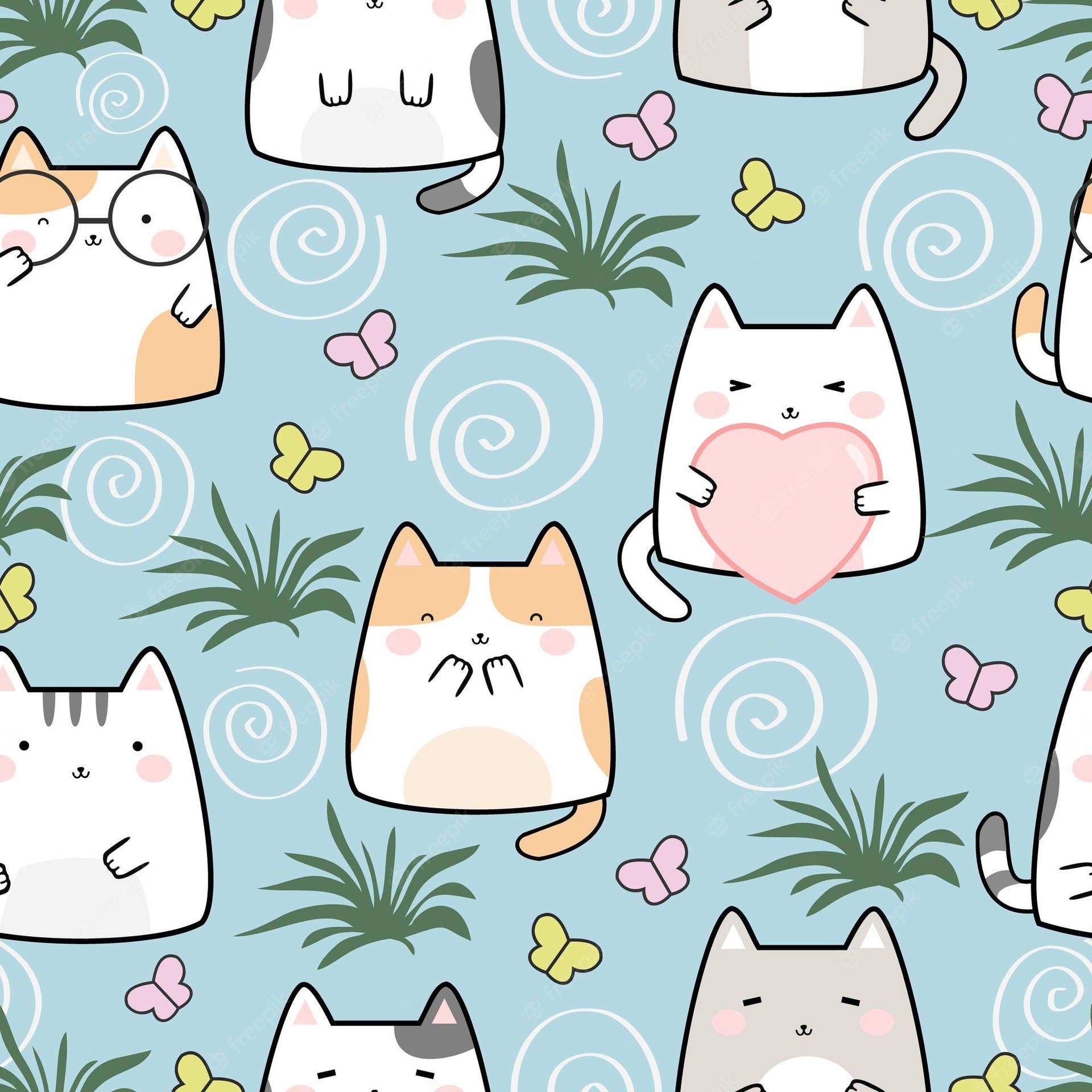 Katzen, Schmetterlinge, Blätter, Muster, Hellblau, Full HD, iPad-Hintergrundbild