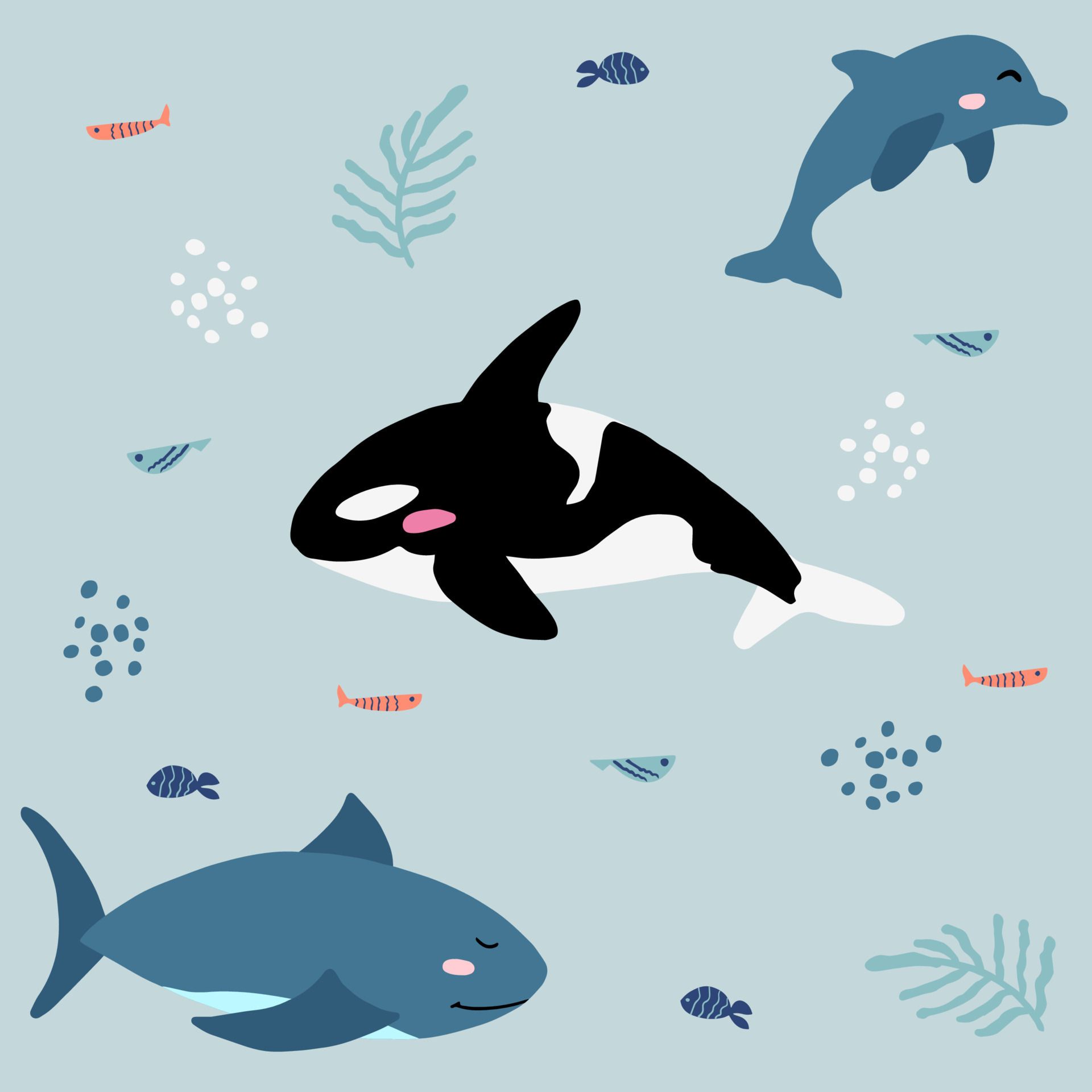 Orca, Hai, Delfin, Meerestiere, Illustration, Full HD, Hintergrundbild fürs Tablet